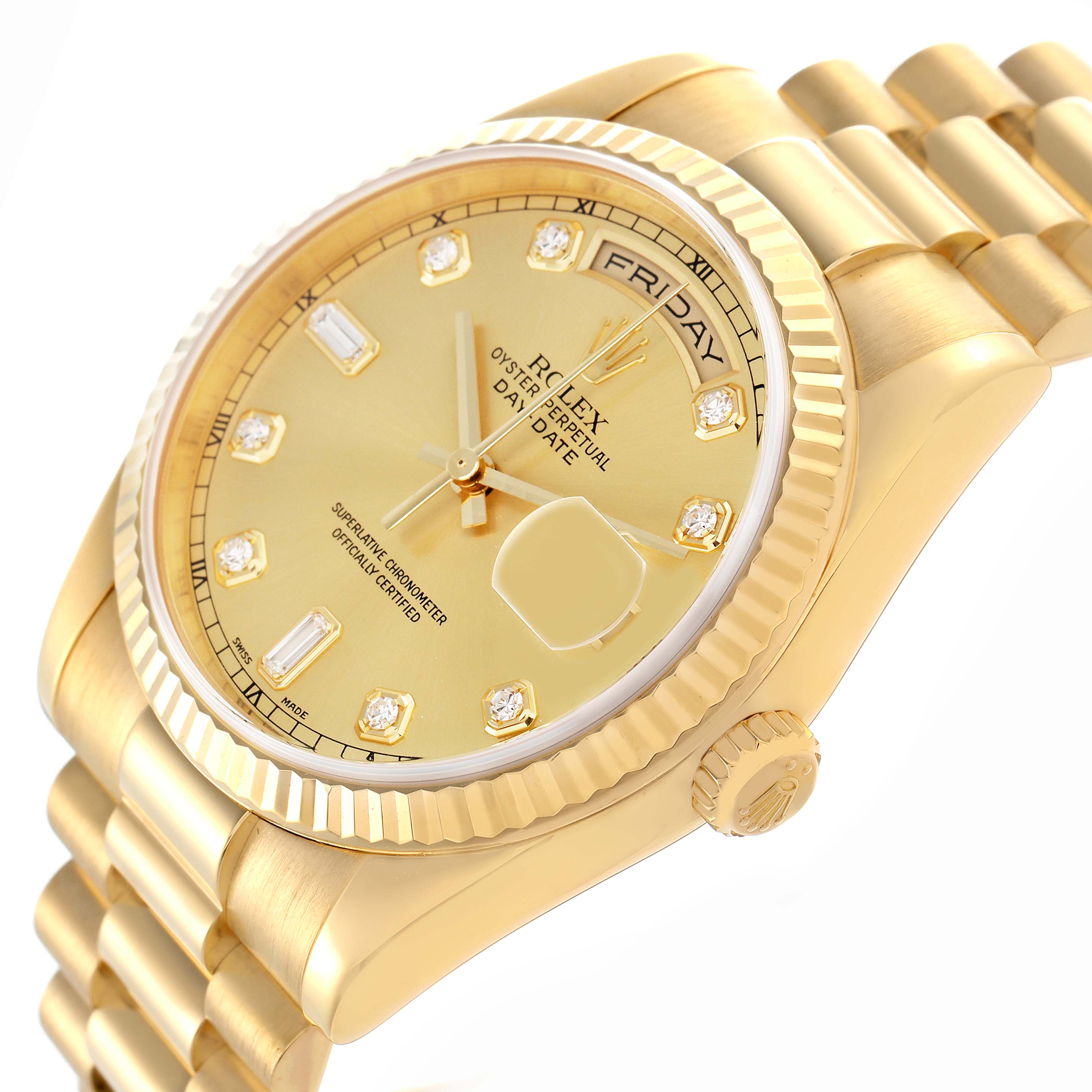 The Rolex President 118238 Men's Yellow Gold Champagne Dial 118238 Men's Yellow Gold Champagne Dial watch is shown at a tilted angle, highlighting the bezel, dial, and bracelet.