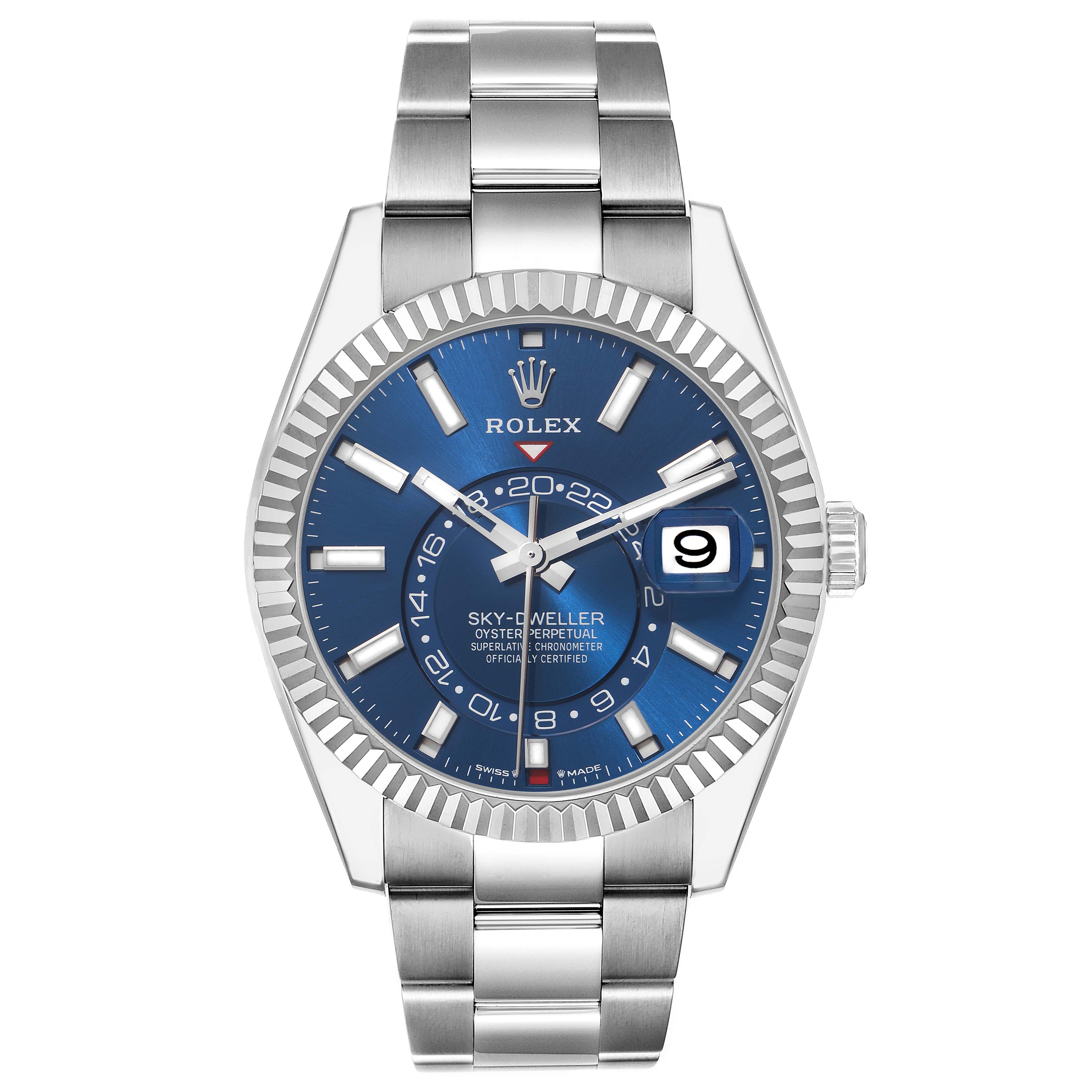 The Rolex Sky-Dweller 336934 Men's Stainless Steel Blue Dial 336934 Men's Stainless Steel Blue Dial watch is shown from the front, displaying the blue dial, hour markers, bezel, and bracelet.