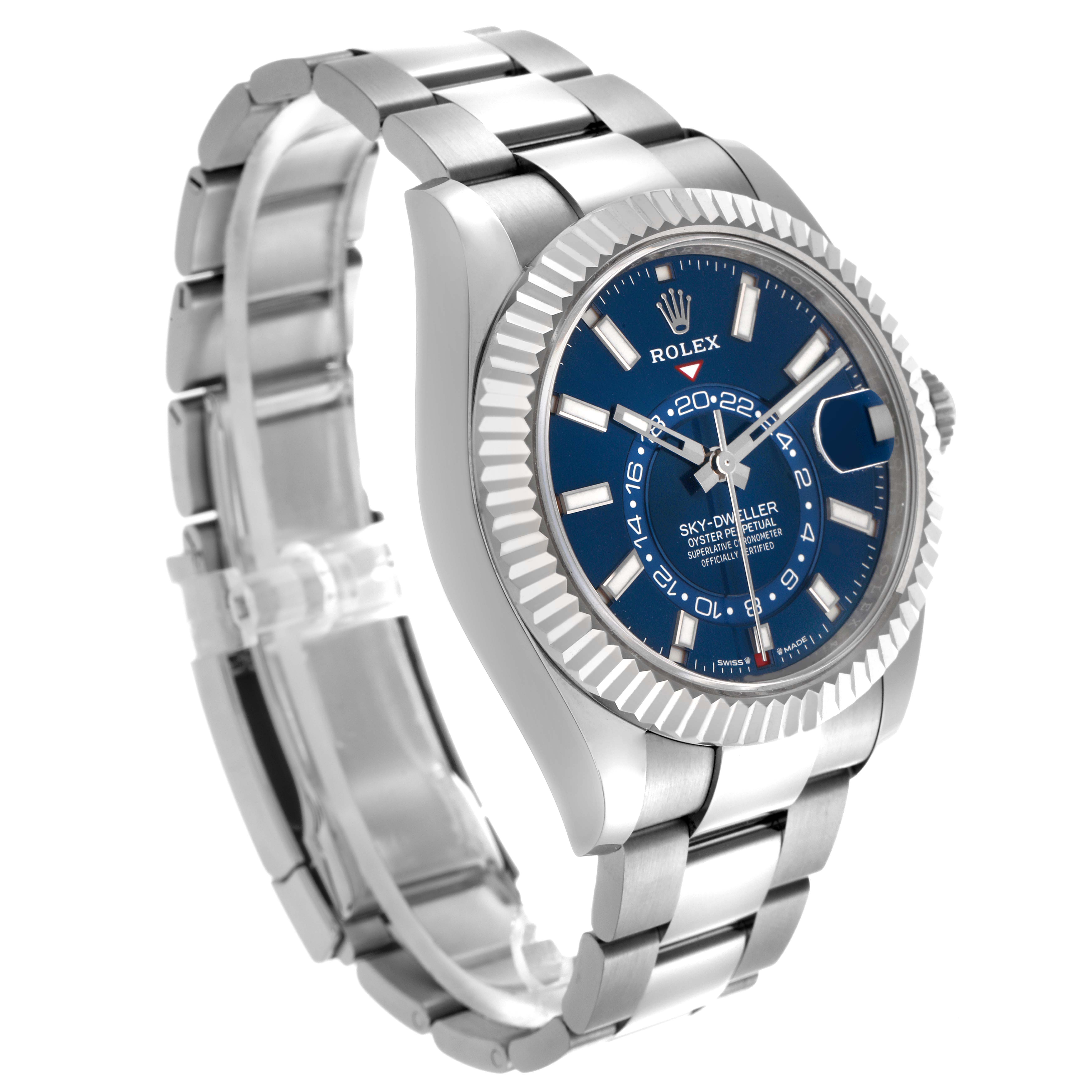 The Rolex Sky-Dweller 336934 Men's Stainless Steel Blue Dial 336934 Men's Stainless Steel Blue Dial watch is shown at an angled view highlighting the face, bezel, bracelet, and case details.
