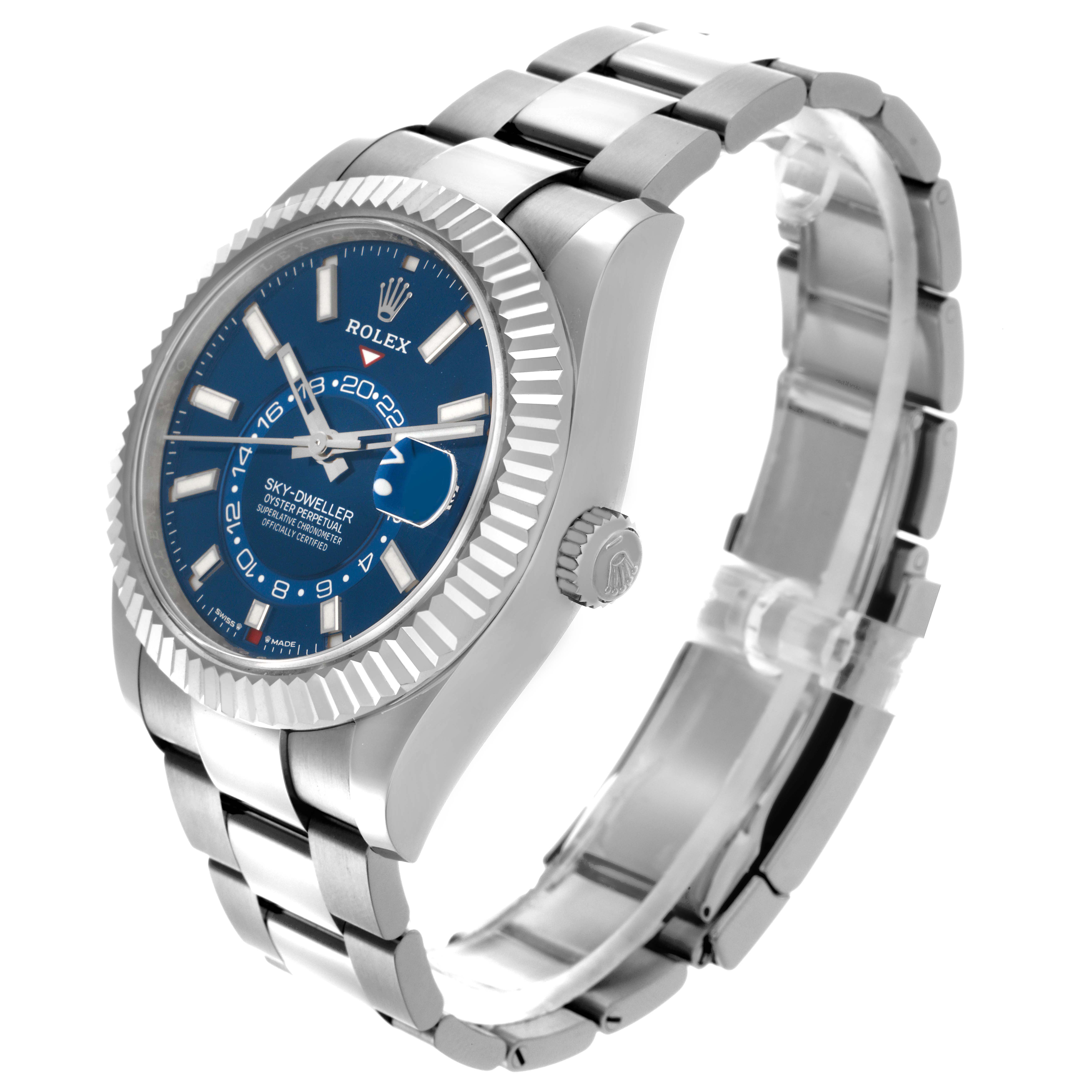 The Rolex Sky-Dweller 336934 Men's Stainless Steel Blue Dial 336934 Men's Stainless Steel Blue Dial watch is shown at a slight angle, displaying the blue dial, fluted bezel, crown, and part of the bracelet.