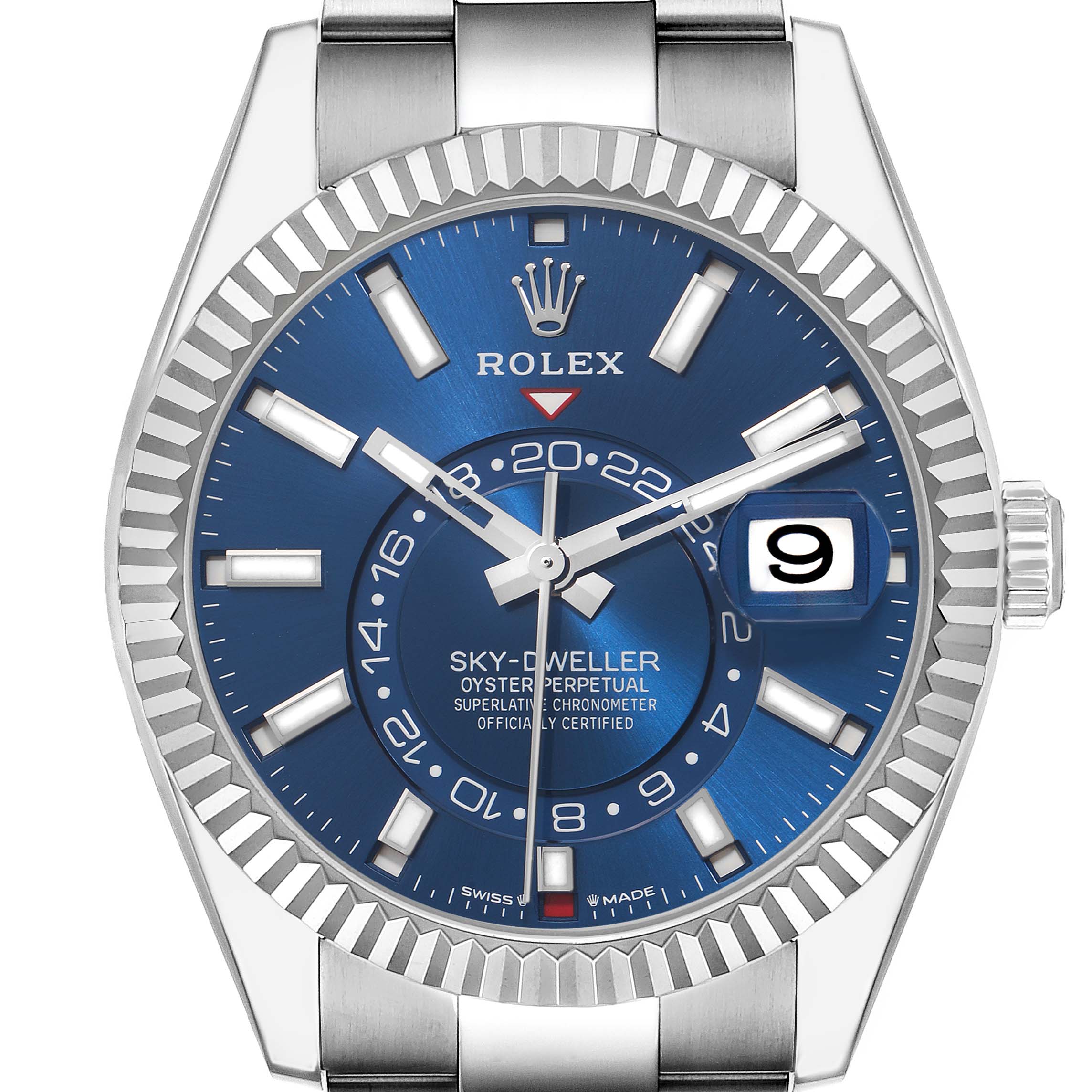 The Rolex Sky-Dweller 336934 Men's Stainless Steel Blue Dial 336934 Men's Stainless Steel Blue Dial is shown from the front, highlighting its blue dial, fluted bezel, date window, and silver hands.