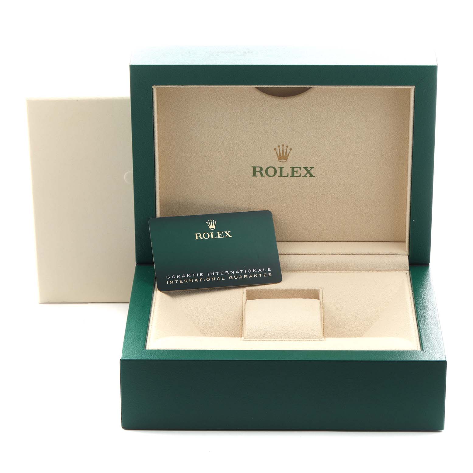 The image shows a Rolex Sky-Dweller 336934 Men's Stainless Steel Blue Dial 336934 Men's Stainless Steel Blue Dial box and international guarantee card, viewed from the front.