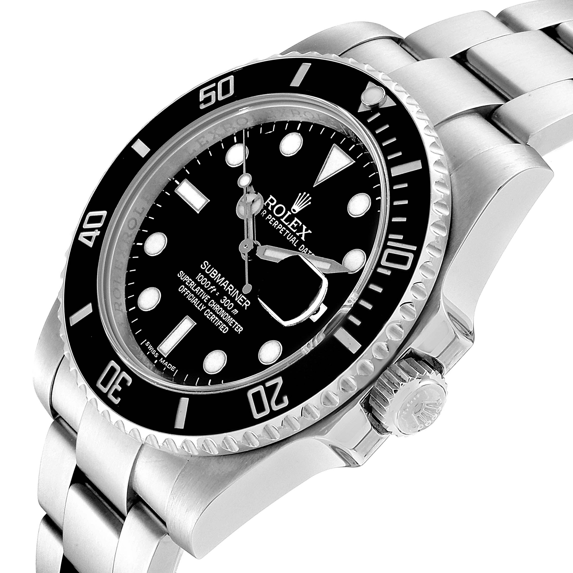 This image shows a Rolex Submariner 116610 Men
s Stainless Steel Black Dial 116610 Men
s Stainless Steel Black Dial watch at an angled view, highlighting the black dial, bezel, and stainless steel bracelet.