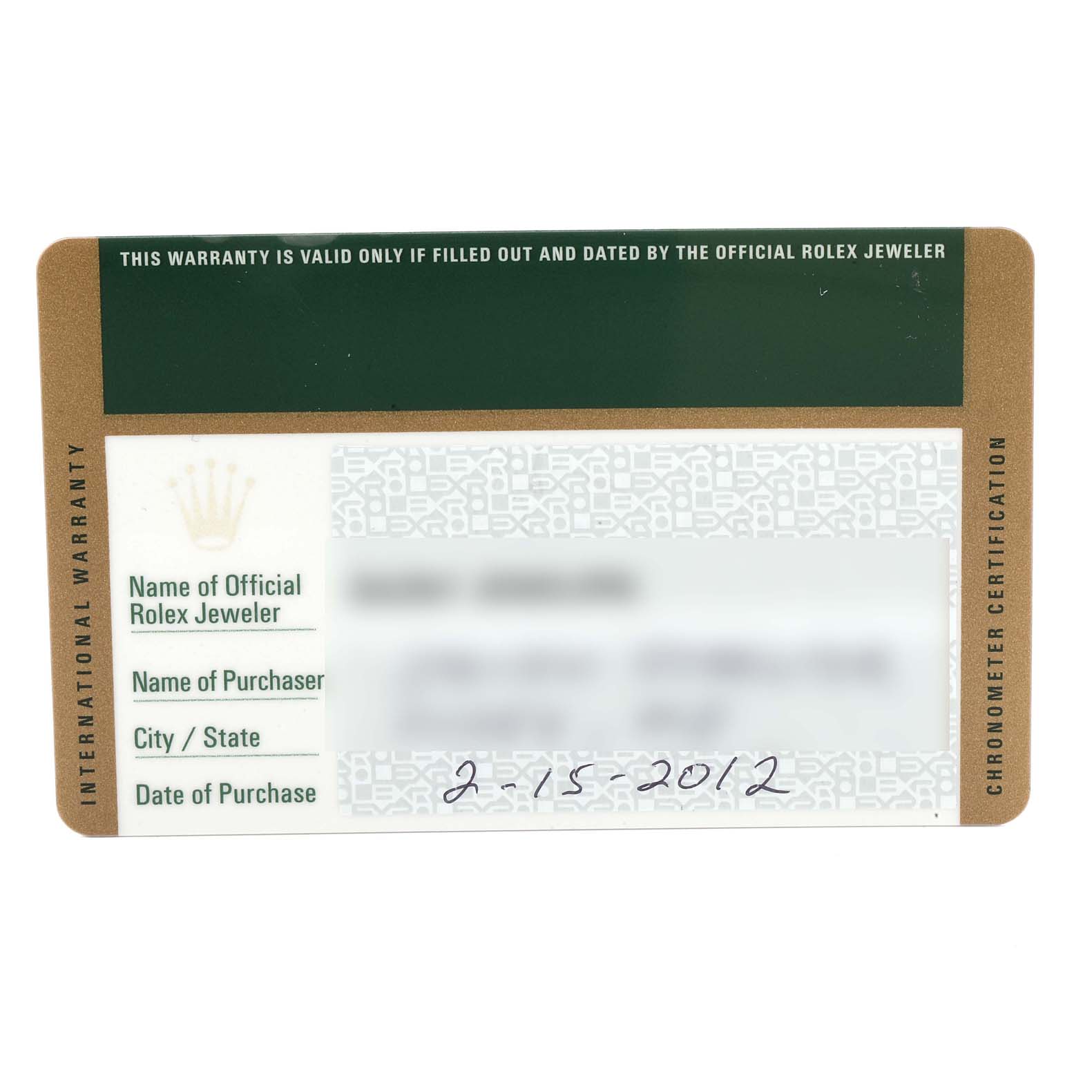 This image shows the warranty card for the Rolex Submariner 116610 Men
s Stainless Steel Black Dial 116610 Men
s Stainless Steel Black Dial watch, including fields for the jeweler, purchaser, city/state, and date of purchase.