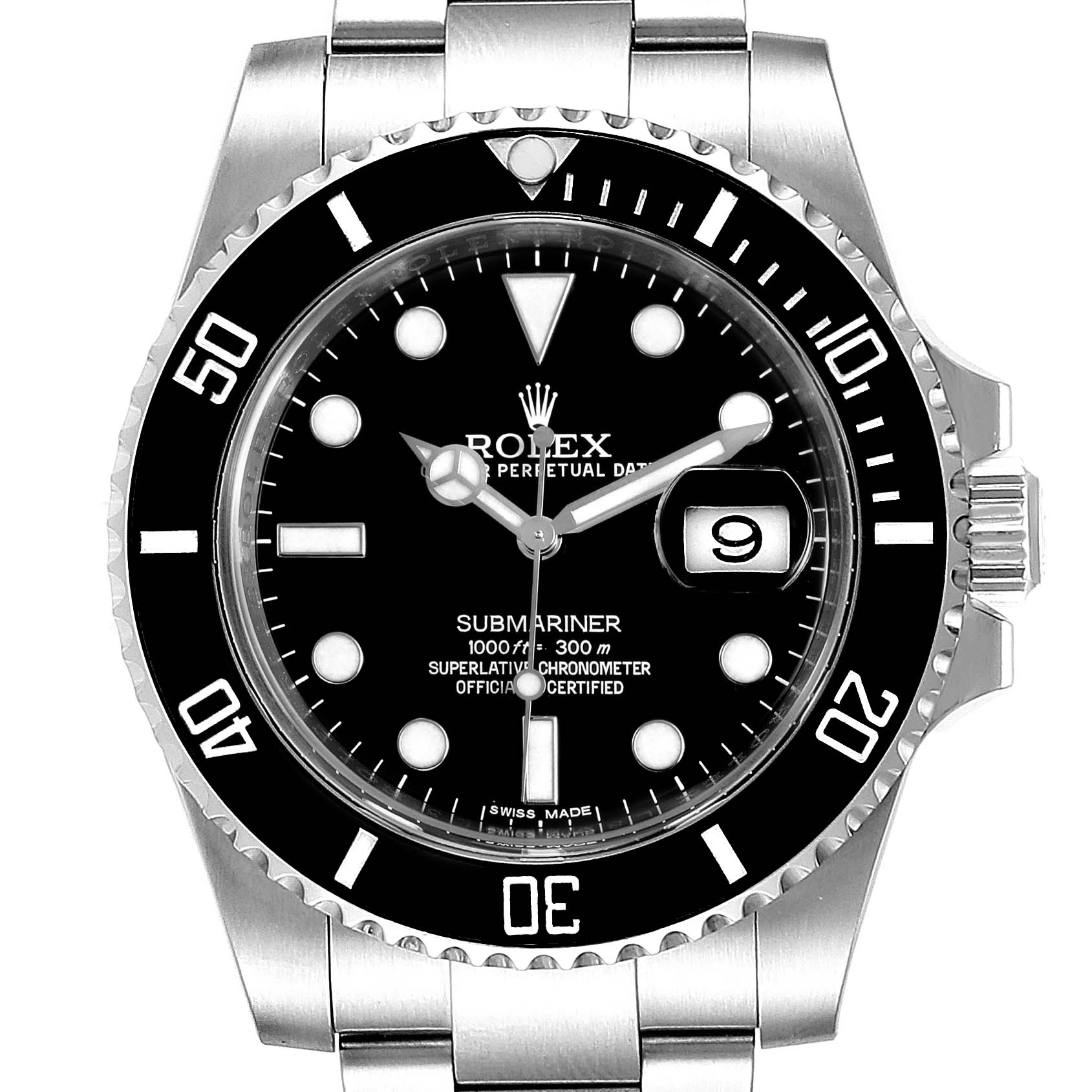 Top-down view of a Rolex Submariner 116610 Men
s Stainless Steel Black Dial 116610 Men
s Stainless Steel Black Dial watch showing the bezel, dial, hands, and bracelet.