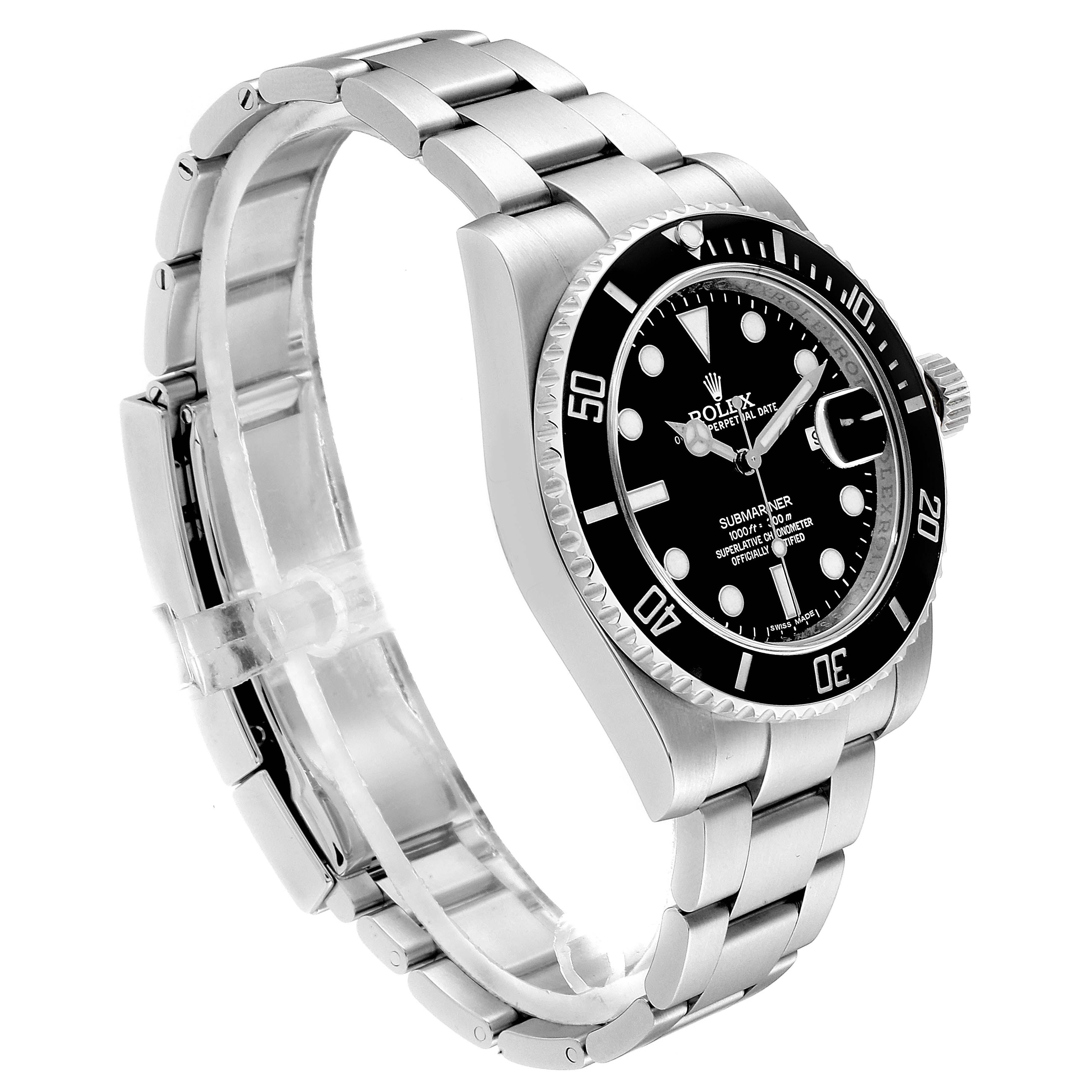 The image shows a Rolex Submariner 116610 Men
s Stainless Steel Black Dial 116610 Men
s Stainless Steel Black Dial watch from an angled side view, highlighting its bracelet and black dial.