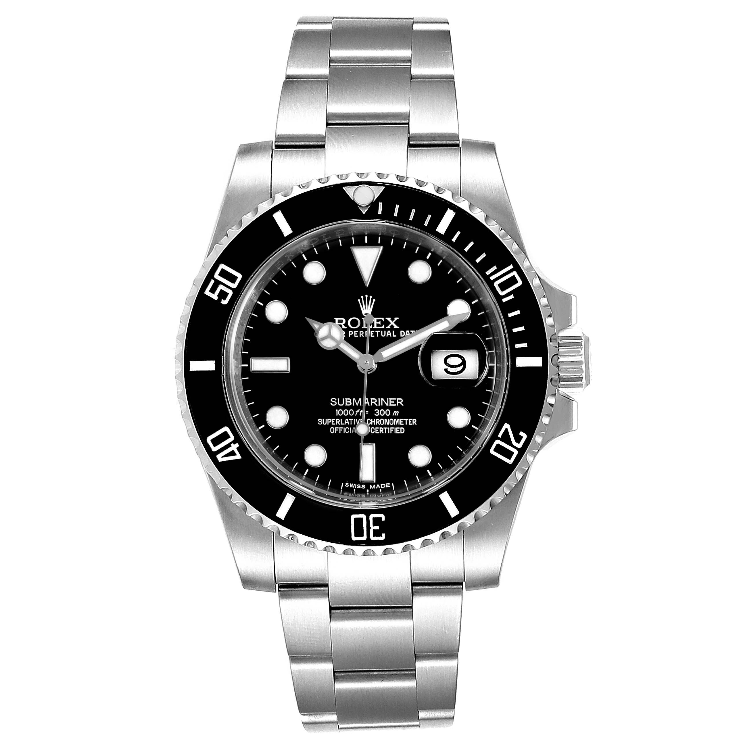 The image shows a front view of the Rolex Submariner 116610 Men
s Stainless Steel Black Dial 116610 Men
s Stainless Steel Black Dial watch, displaying the face, bezel, bracelet, and crown.