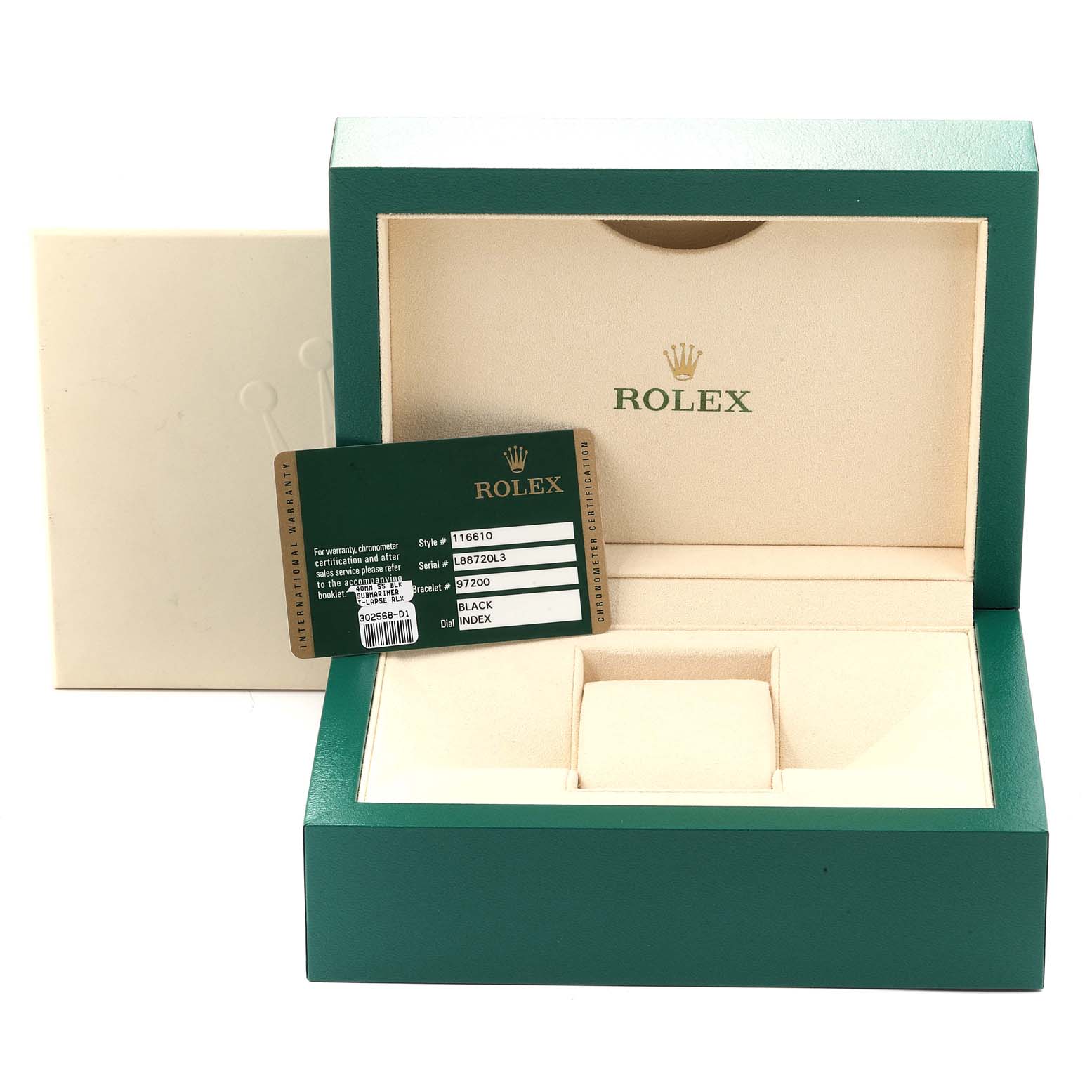 The image shows the open box and tag for a Rolex Submariner 116610 Men
s Stainless Steel Black Dial 116610 Men
s Stainless Steel Black Dial watch, without the watch present.