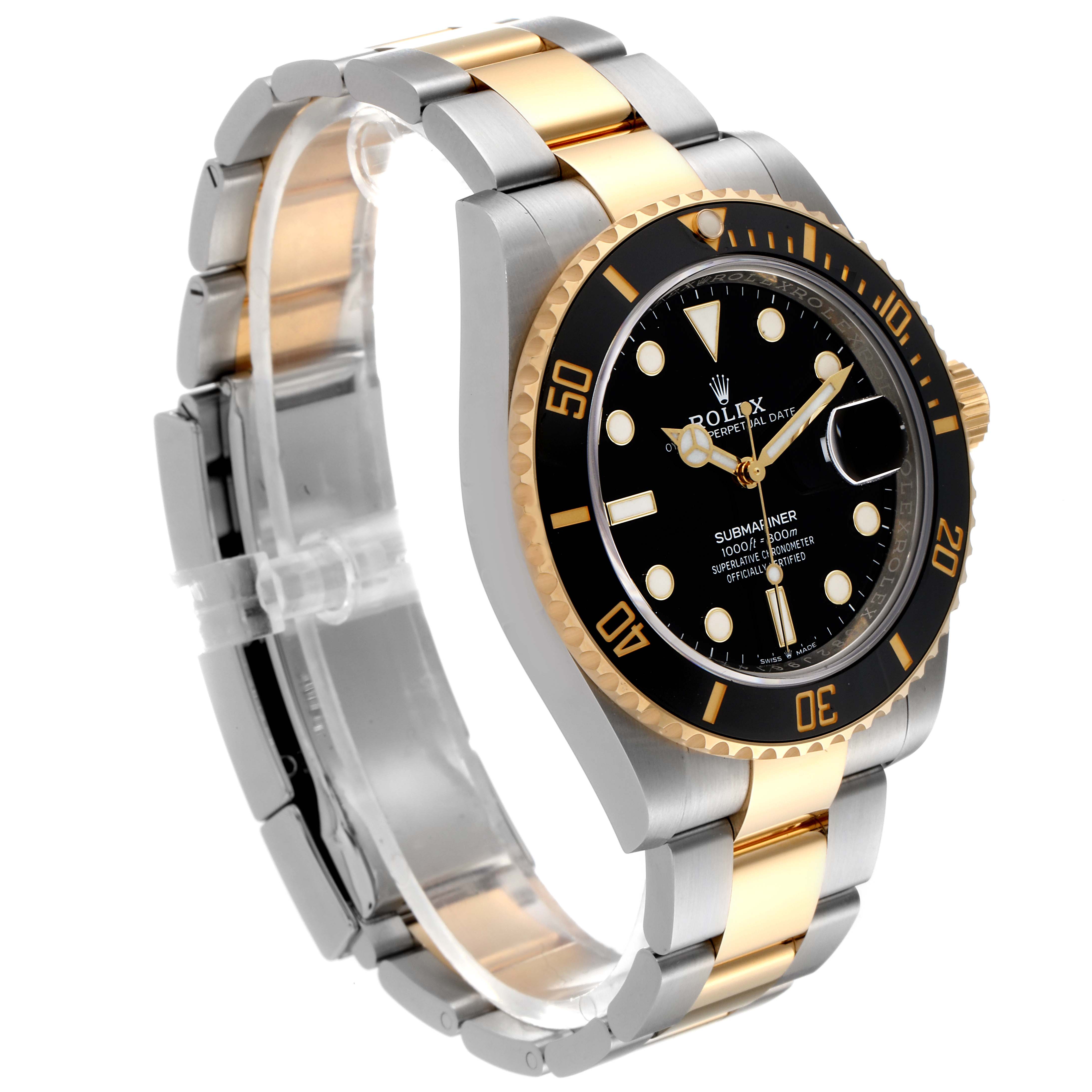 The image shows a side angle of a Rolex Submariner 126613 Men
s Steel and Gold (two tone) Black Dial 126613 Men
s Steel and Gold (two tone) Black Dial watch, highlighting its black dial, gold bezel, and two-tone bracelet.