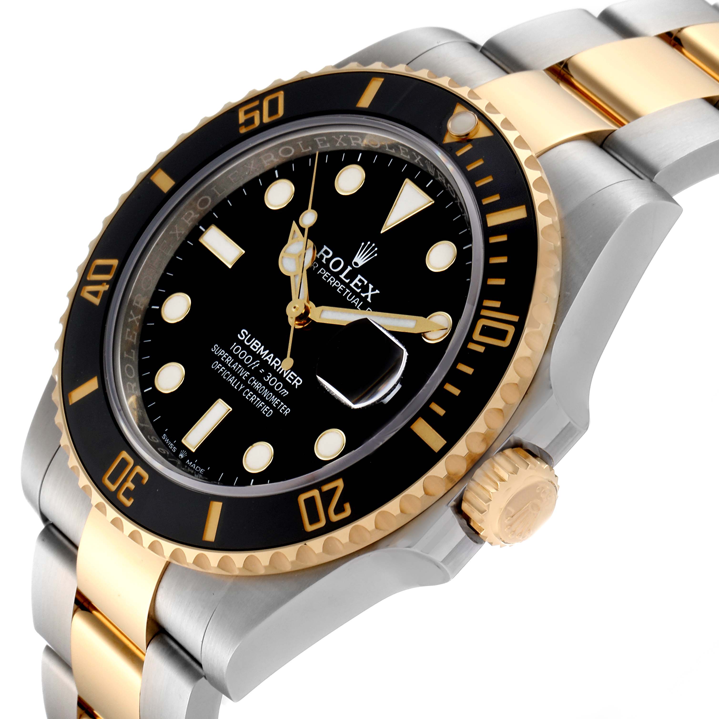 The Rolex Submariner 126613 Men
s Steel and Gold (two tone) Black Dial 126613 Men
s Steel and Gold (two tone) Black Dial watch is shown at an angle highlighting its gold bezel, black dial, and two-tone bracelet.