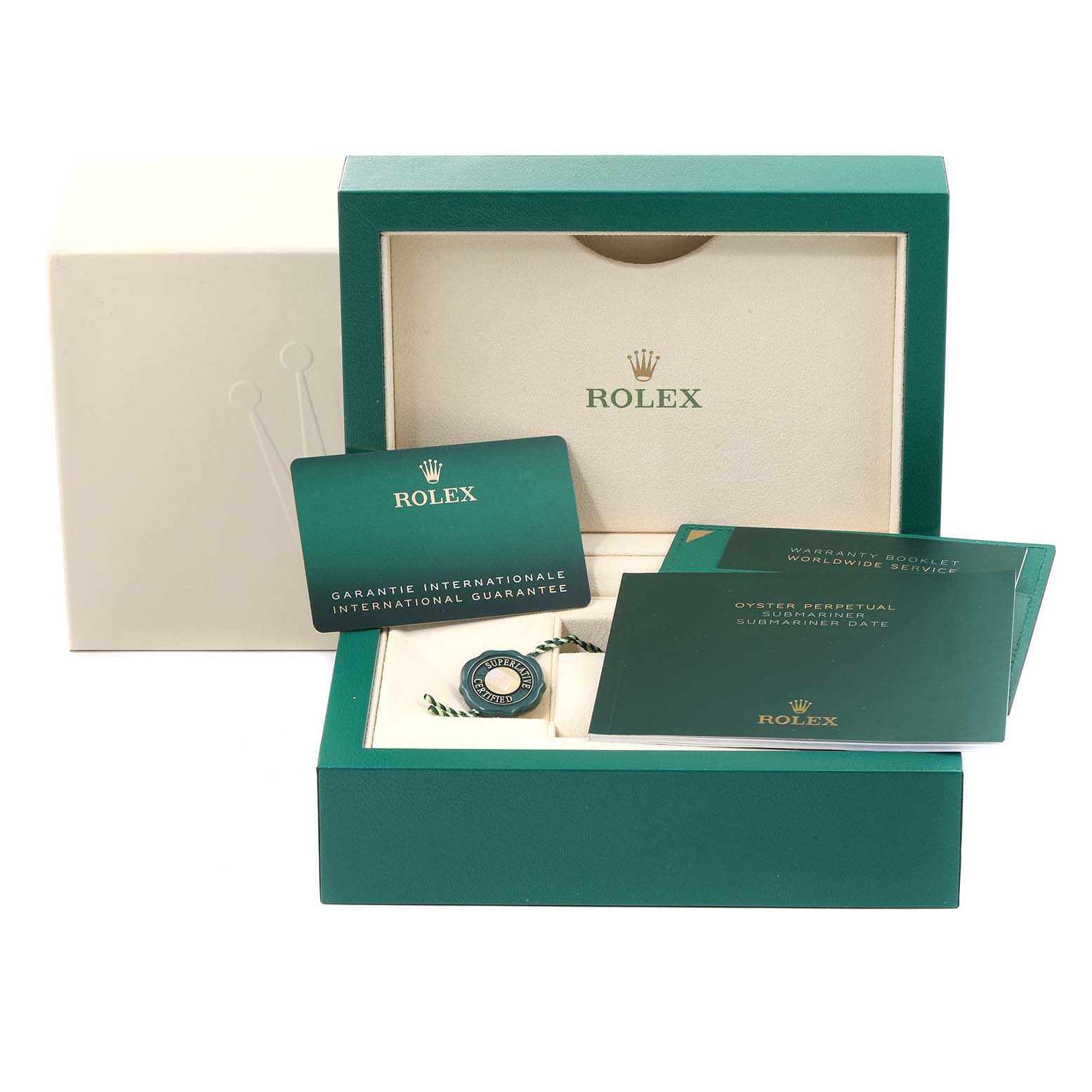 The image shows the packaging and accessories for a Rolex Submariner 126613 Men
s Steel and Gold (two tone) Black Dial 126613 Men
s Steel and Gold (two tone) Black Dial watch, including the guarantee card, booklet, and tag.