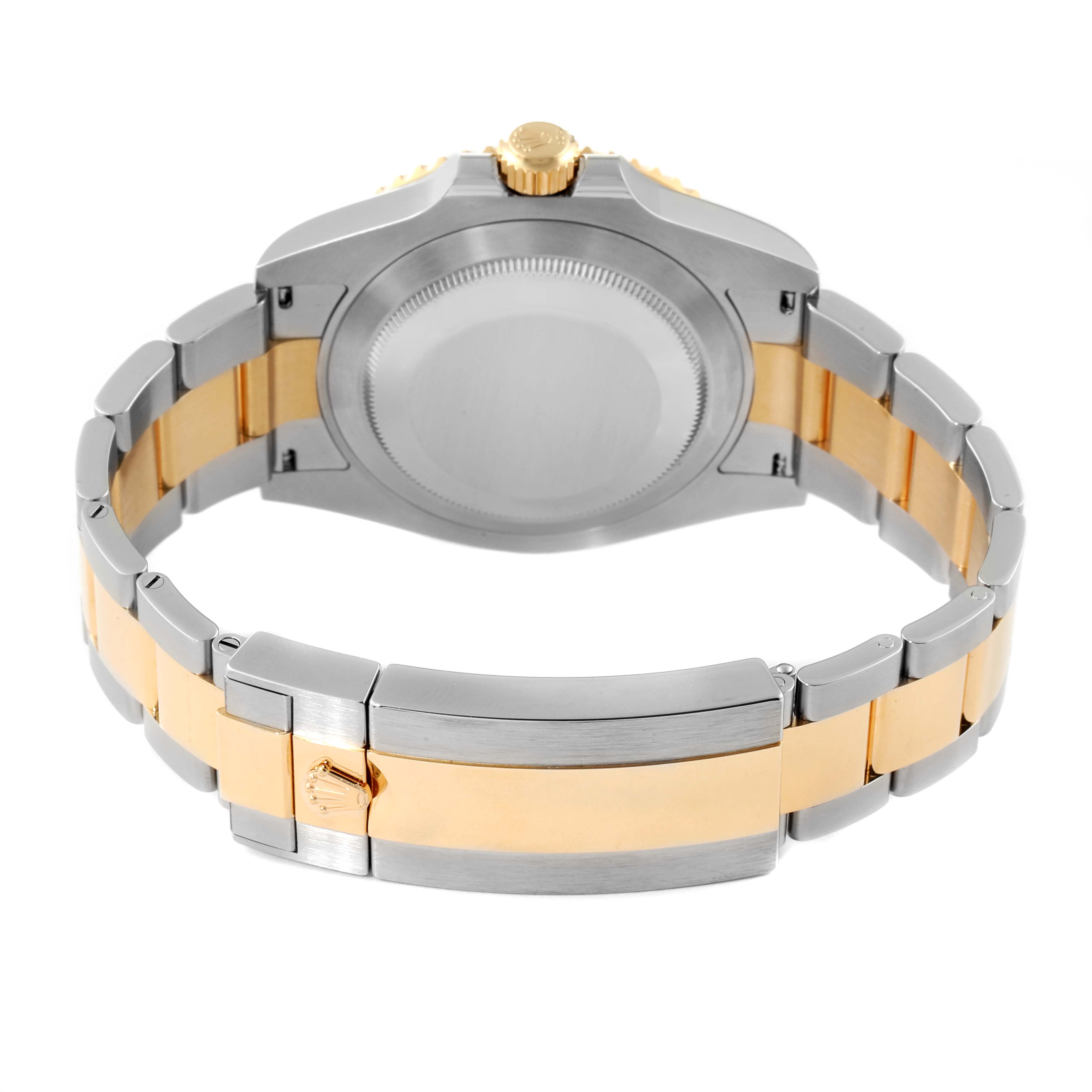 The image shows the back view of a Rolex Submariner 126613 Men
s Steel and Gold (two tone) Black Dial 126613 Men
s Steel and Gold (two tone) Black Dial watch, focusing on the case back and bracelet.