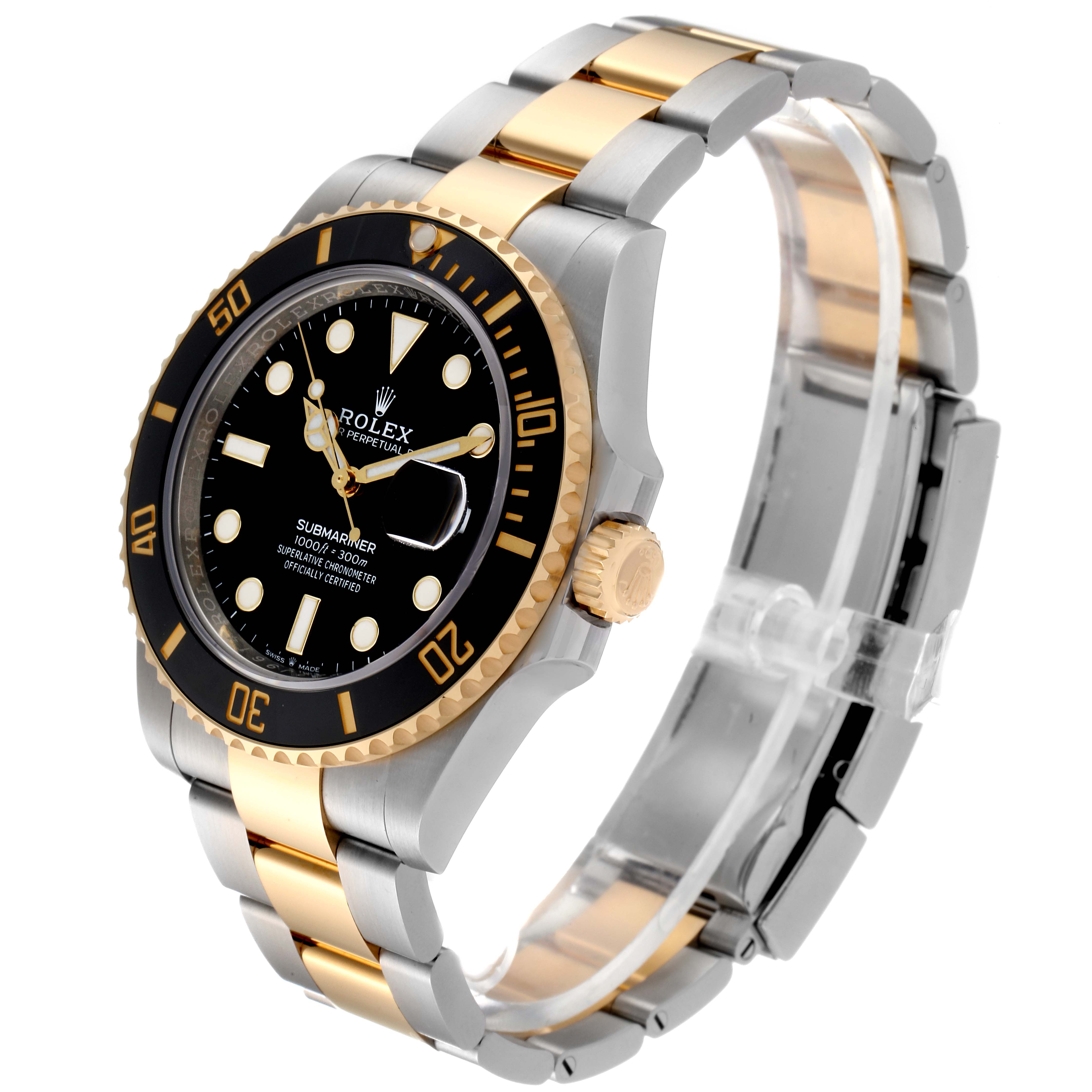 The Rolex Submariner 126613 Men
s Steel and Gold (two tone) Black Dial 126613 Men
s Steel and Gold (two tone) Black Dial watch is shown at a side-angle, highlighting its two-tone bracelet, black dial, and bezel.