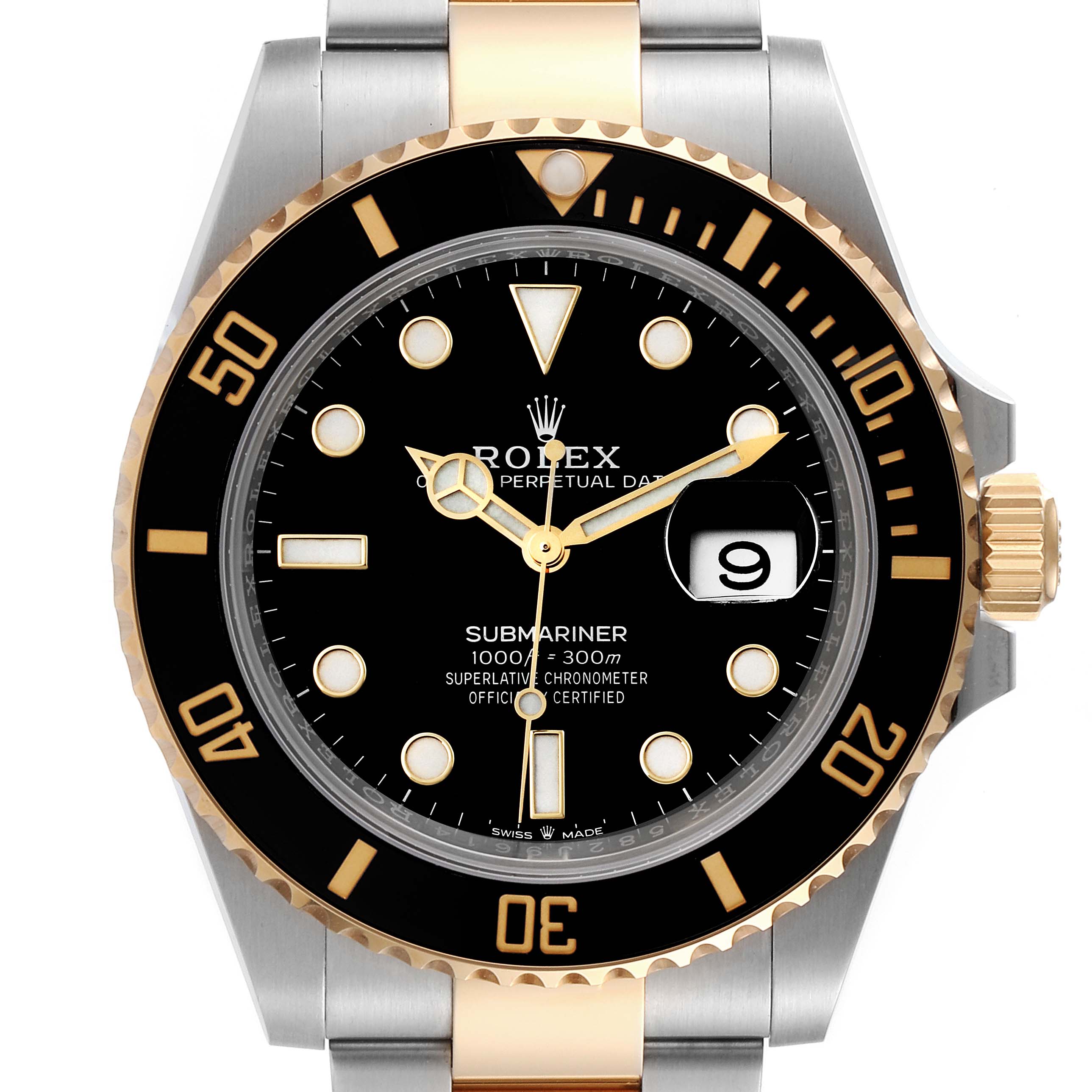 The image shows a front view of the Rolex Submariner 126613 Men
s Steel and Gold (two tone) Black Dial 126613 Men
s Steel and Gold (two tone) Black Dial watch, highlighting the dial, bezel, crown, and part of the bracelet.