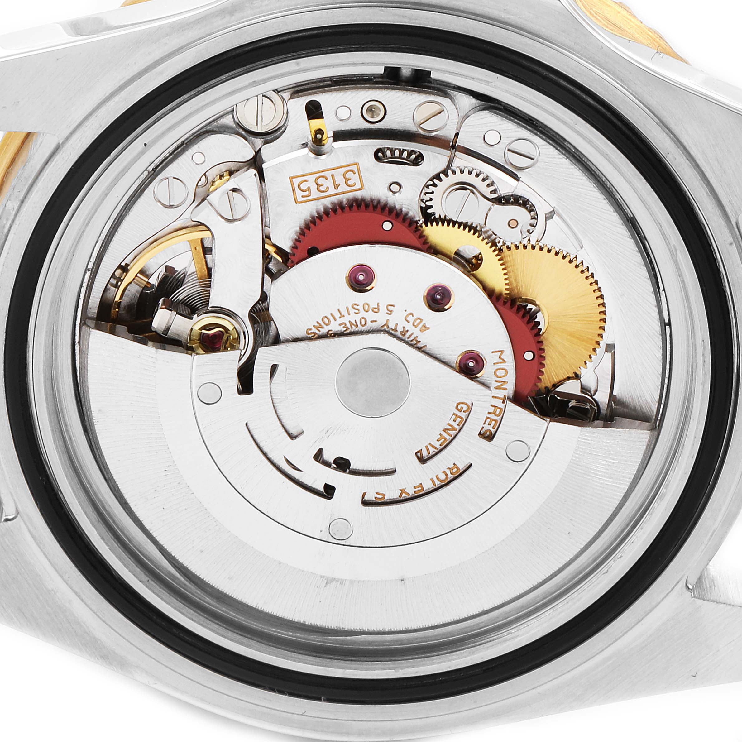 This image shows the back view of a Rolex Submariner 16613 Men's Steel and Gold (two tone) Black Dial 16613 Men's Steel and Gold (two tone) Black Dial watch, highlighting its internal movement and mechanisms.