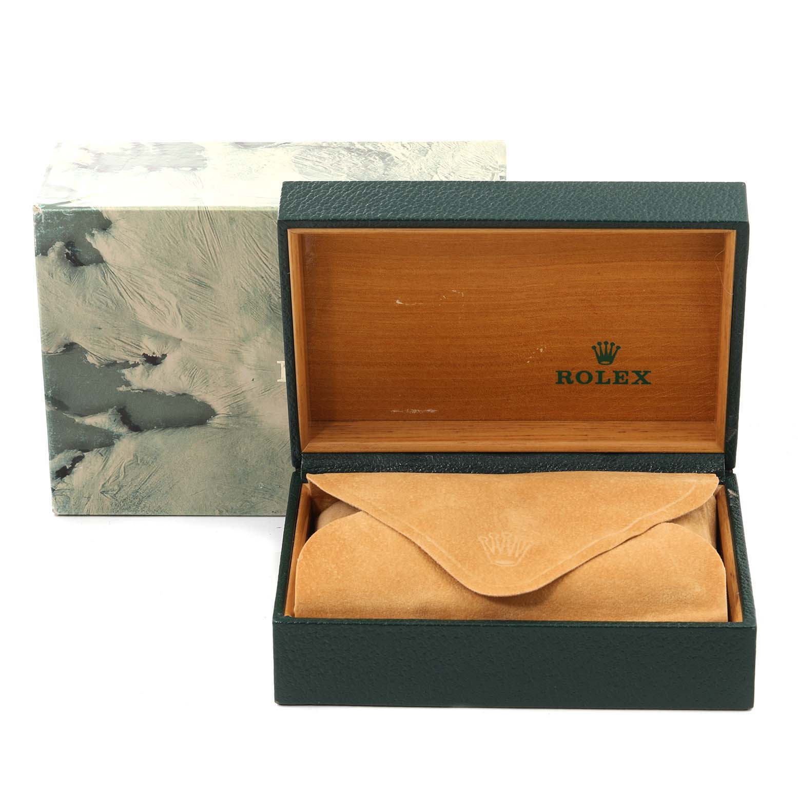 The image shows a Rolex Submariner 16613 Men's Steel and Gold (two tone) Black Dial 16613 Men's Steel and Gold (two tone) Black Dial model watch box with a leather pouch inside, displayed from a front angle.