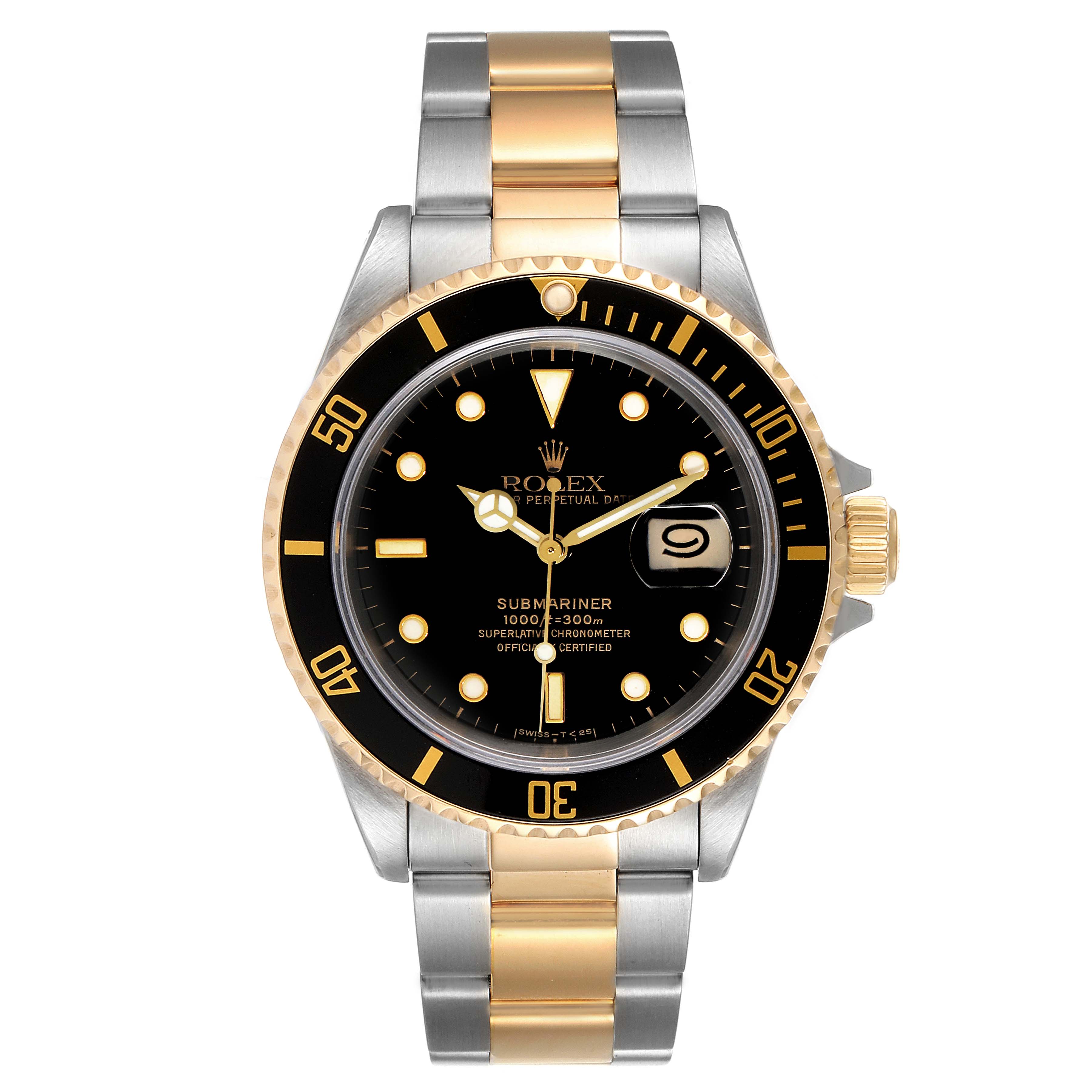 The image shows a front view of the Rolex Submariner 16613 Men's Steel and Gold (two tone) Black Dial 16613 Men's Steel and Gold (two tone) Black Dial watch, displaying its black dial, gold accents, and two-tone bracelet.