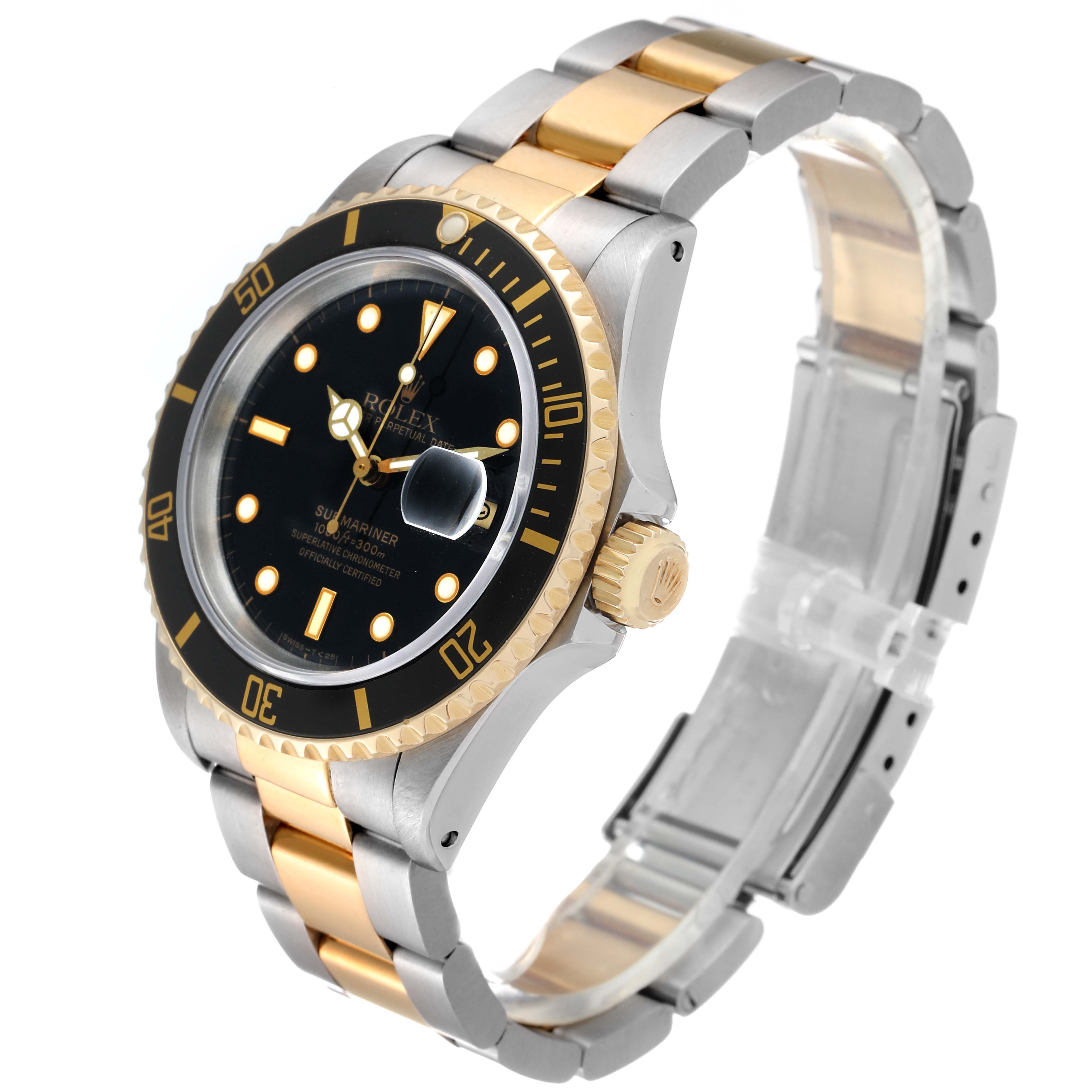 This image shows a Rolex Submariner 16613 Men's Steel and Gold (two tone) Black Dial 16613 Men's Steel and Gold (two tone) Black Dial model watch at a 3/4 angle, highlighting the bezel, dial, and bracelet.