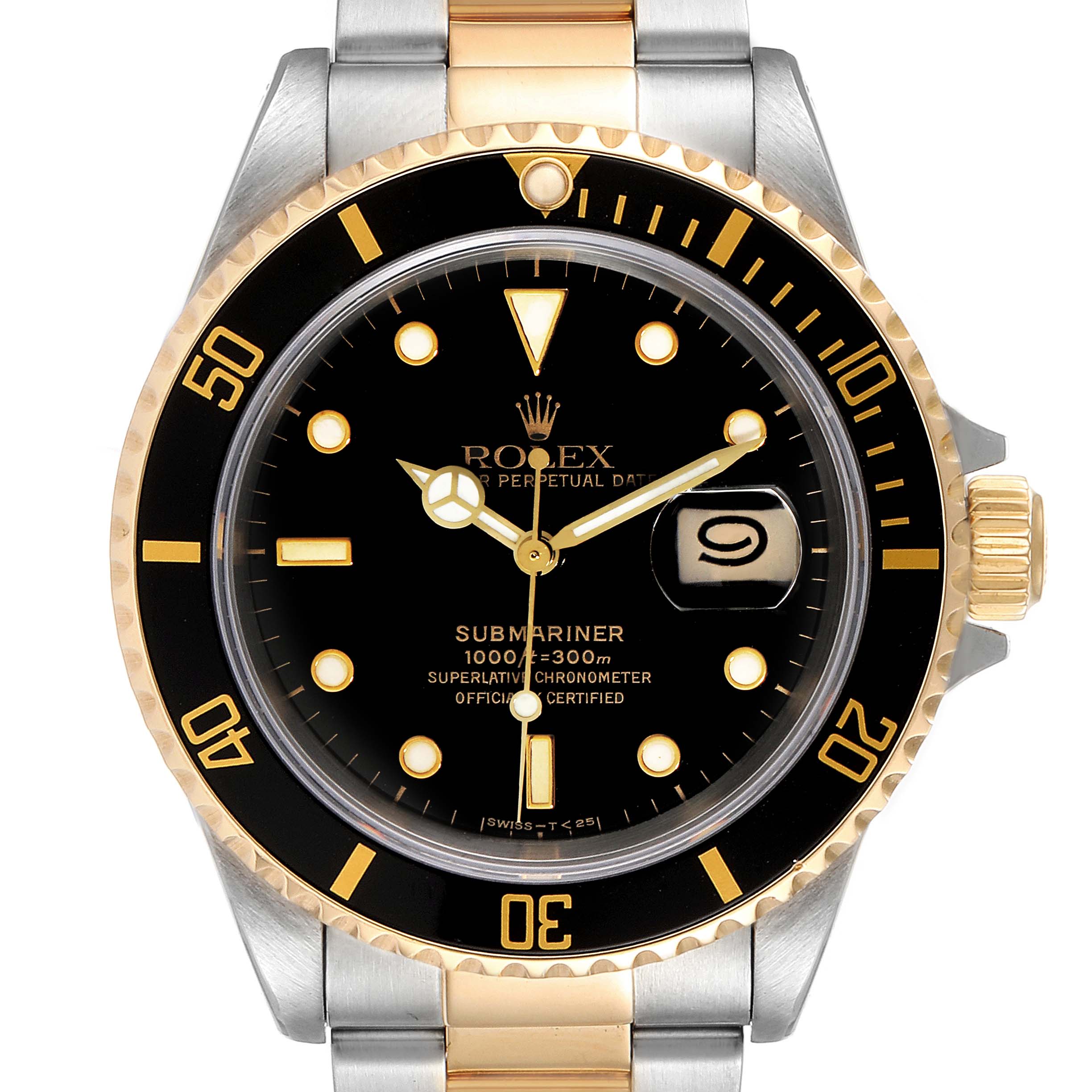 This Rolex Submariner 16613 Men's Steel and Gold (two tone) Black Dial 16613 Men's Steel and Gold (two tone) Black Dial watch is shown from a front angle, highlighting its dial, bezel, and partial bracelet.