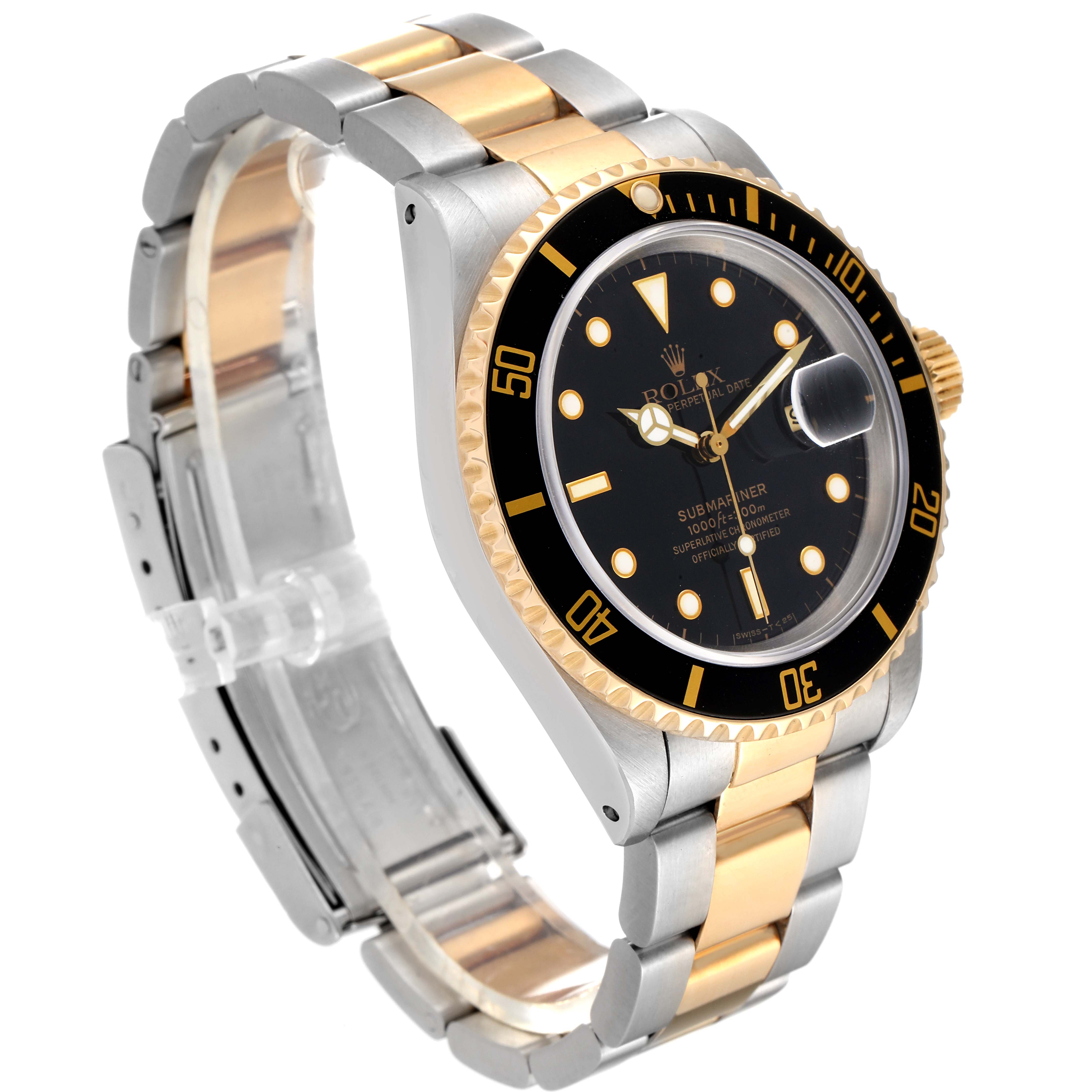 This Rolex Submariner 16613 Men's Steel and Gold (two tone) Black Dial 16613 Men's Steel and Gold (two tone) Black Dial watch is viewed from an angled side, showing its black dial, gold accents, and two-tone bracelet.