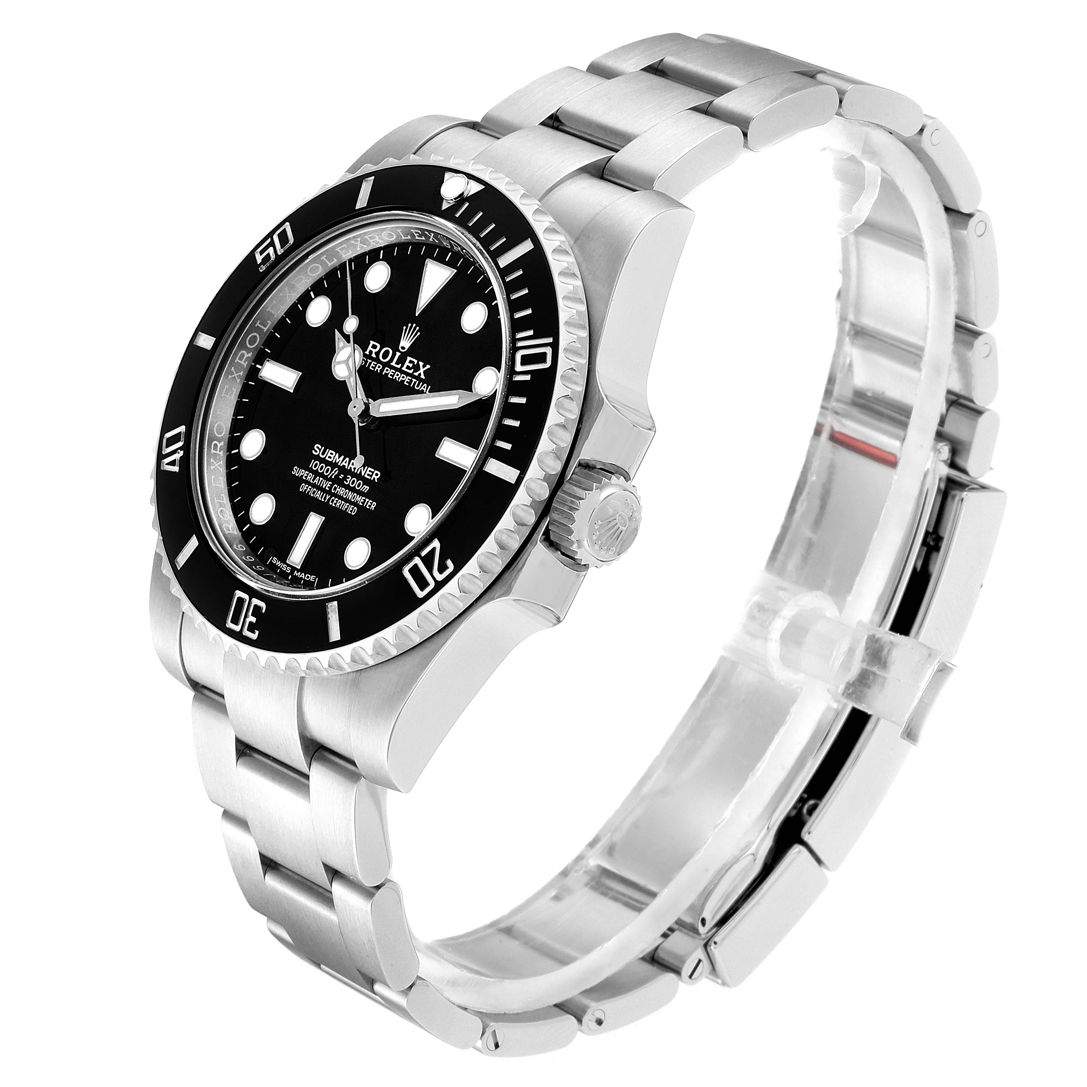 The image shows a side angle view of the Rolex Submariner 114060 Men
s Stainless Steel Black Dial 114060 Men
s Stainless Steel Black Dial, highlighting the case, bracelet, bezel, and crown.