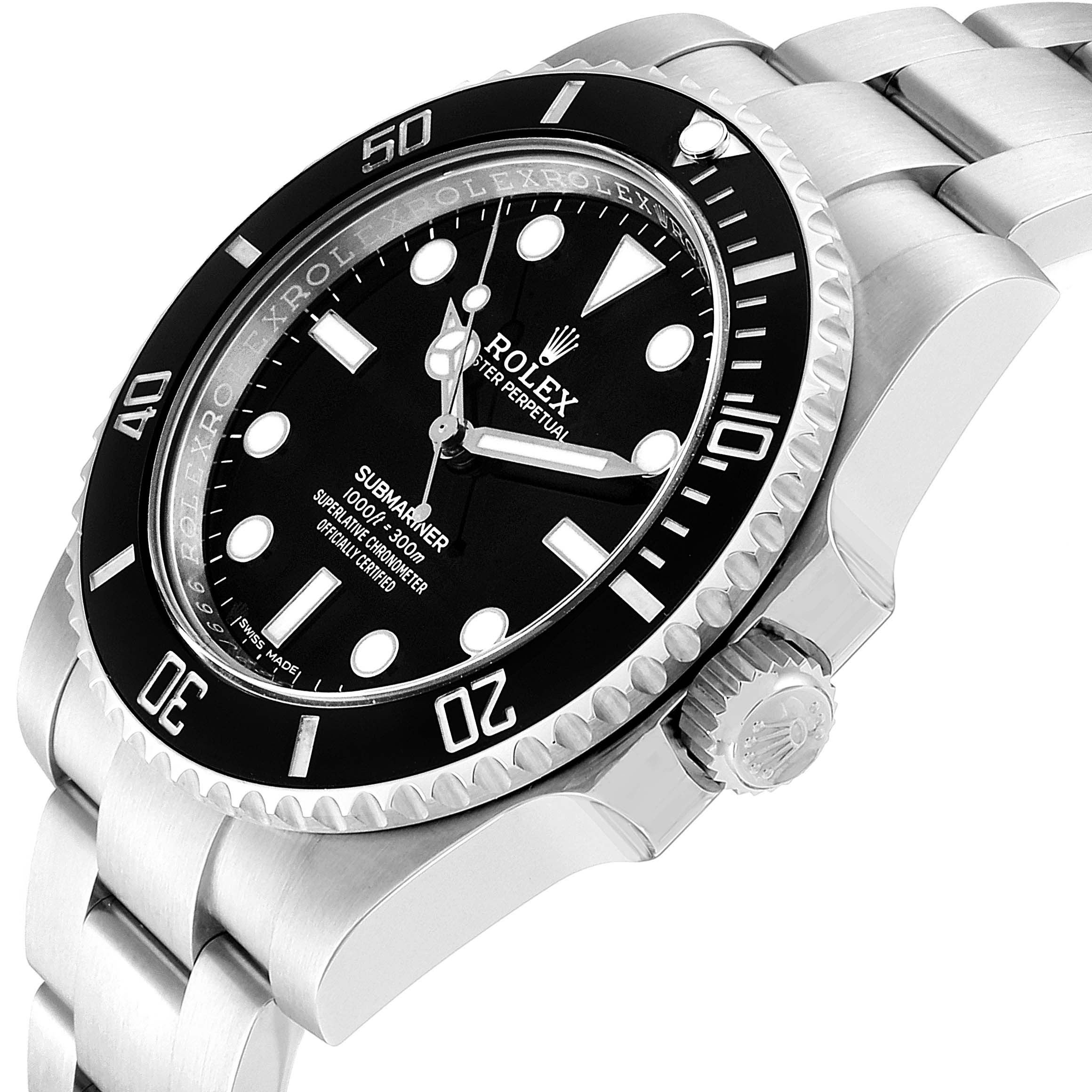 The image shows a Rolex Submariner 114060 Men
s Stainless Steel Black Dial 114060 Men
s Stainless Steel Black Dial from a slightly angled view, displaying the dial, bezel, crown, and part of the bracelet.