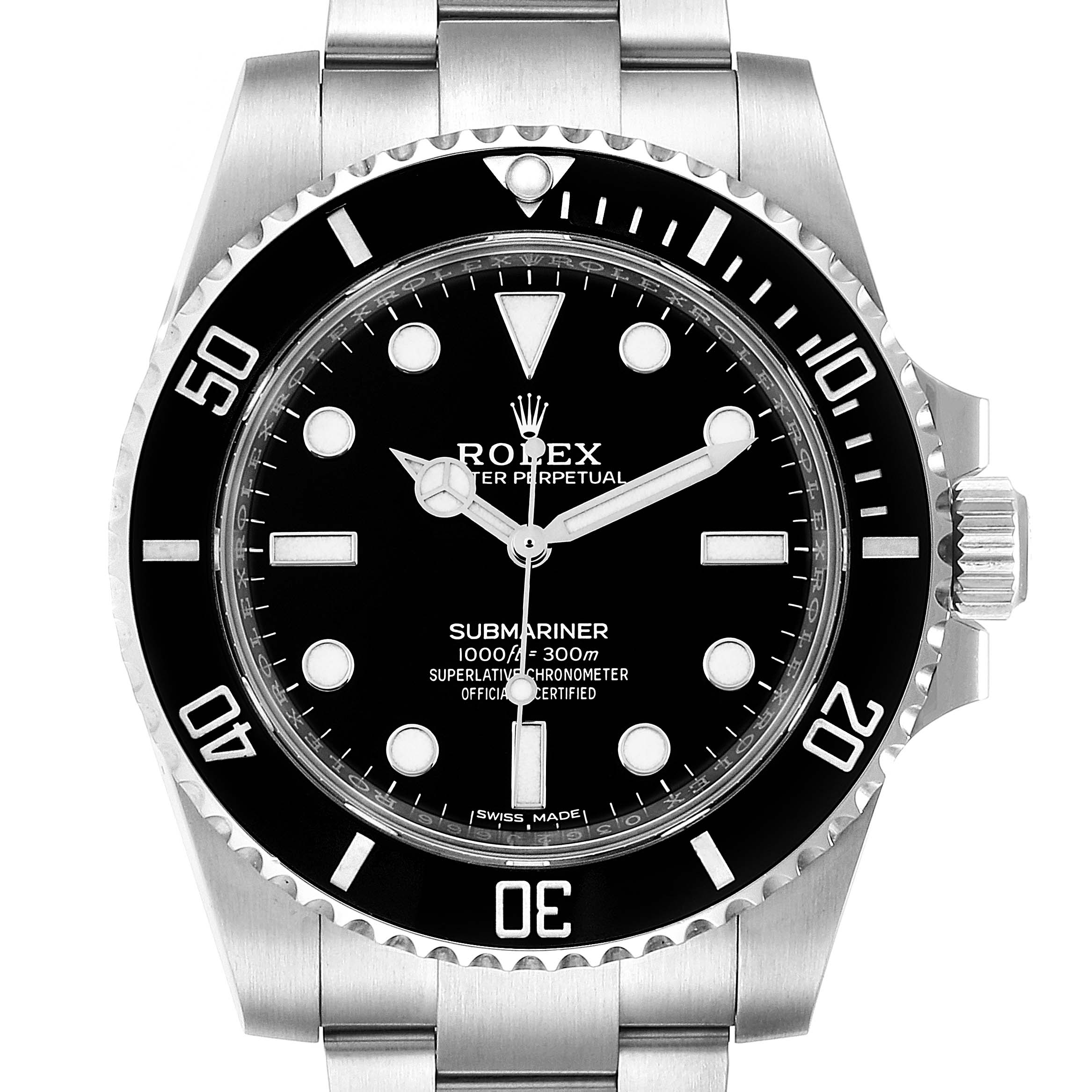 The image shows a front view of a Rolex Submariner 114060 Men
s Stainless Steel Black Dial 114060 Men
s Stainless Steel Black Dial watch, displaying its dial, bezel, and part of the bracelet.