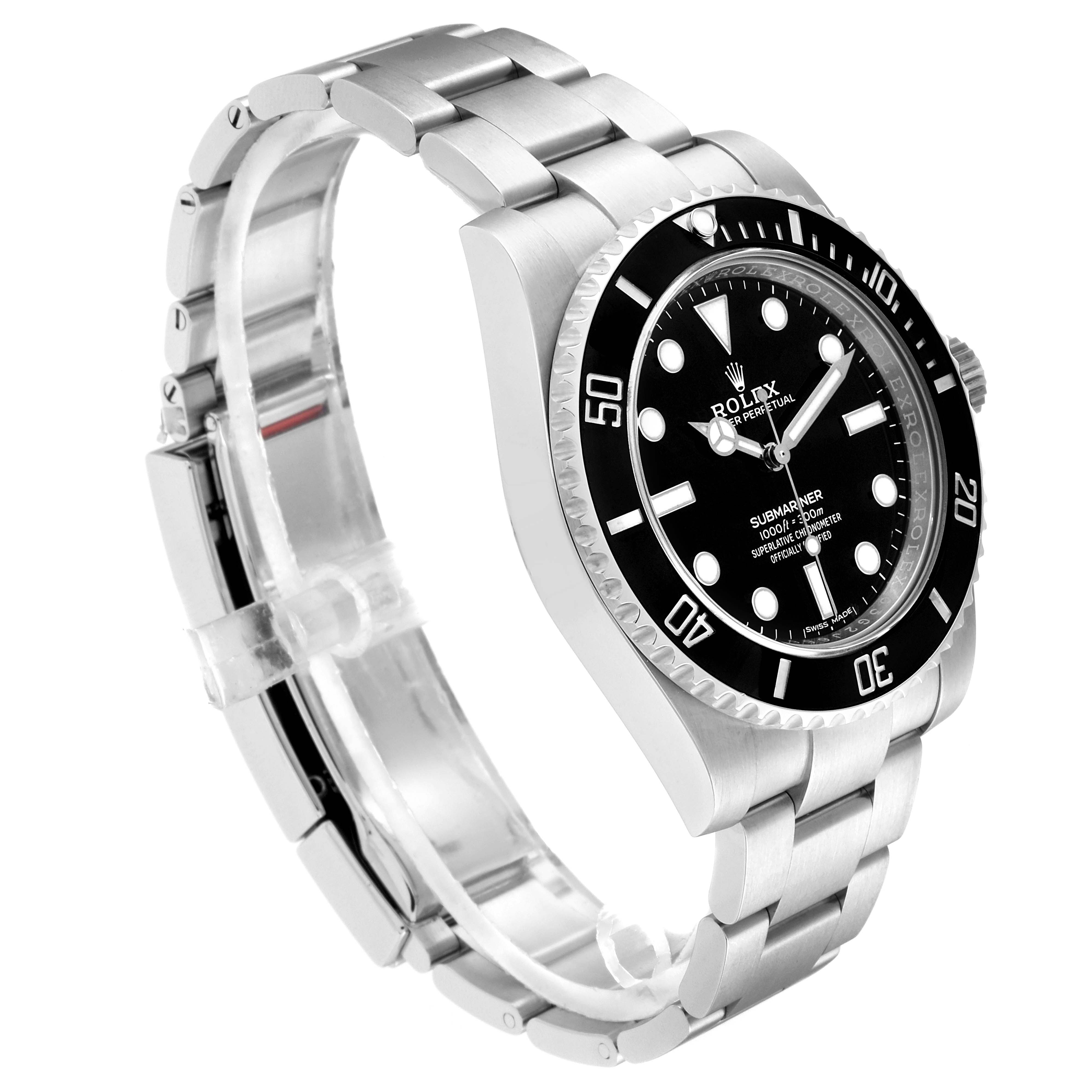 The image shows a side angle view of a Rolex Submariner 114060 Men
s Stainless Steel Black Dial 114060 Men
s Stainless Steel Black Dial watch, highlighting the bracelet, bezel, crown, and dial.