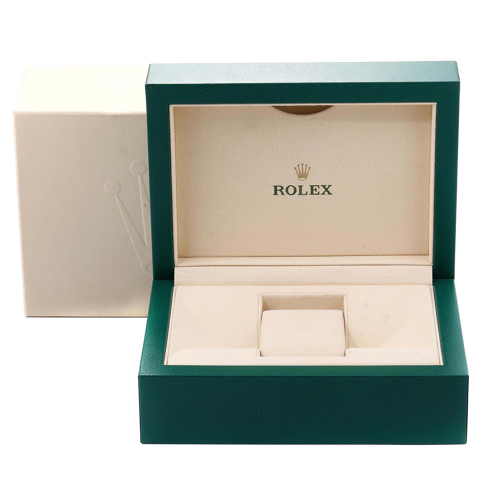 The image shows an open box for a Rolex Submariner 114060 Men
s Stainless Steel Black Dial 114060 Men
s Stainless Steel Black Dial, displaying the inner compartment and cushion.
