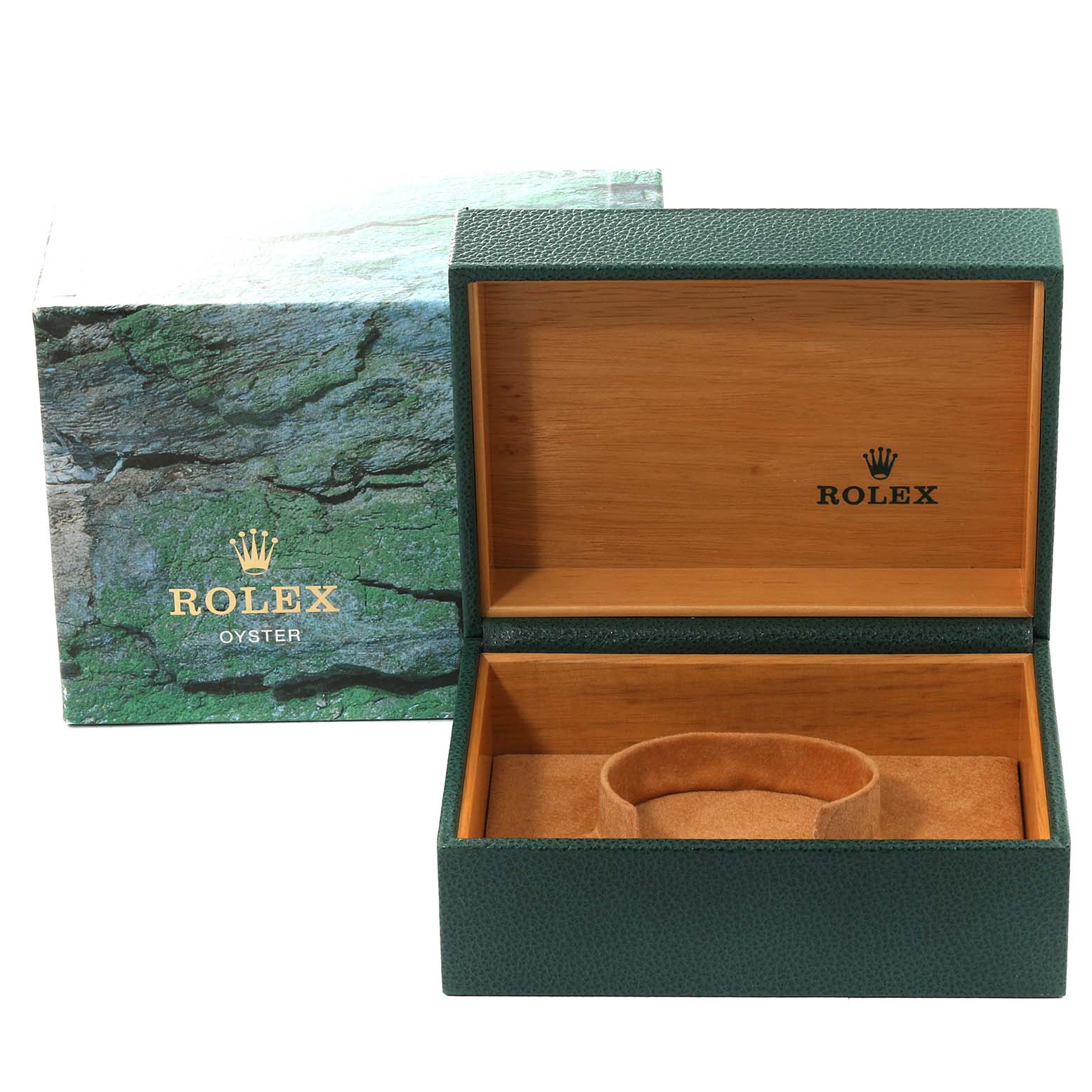 The image shows an empty Rolex Submariner 16610 Men
s Stainless Steel Black Dial 16610 Men
s Stainless Steel Black Dial watch box and its outer packaging.