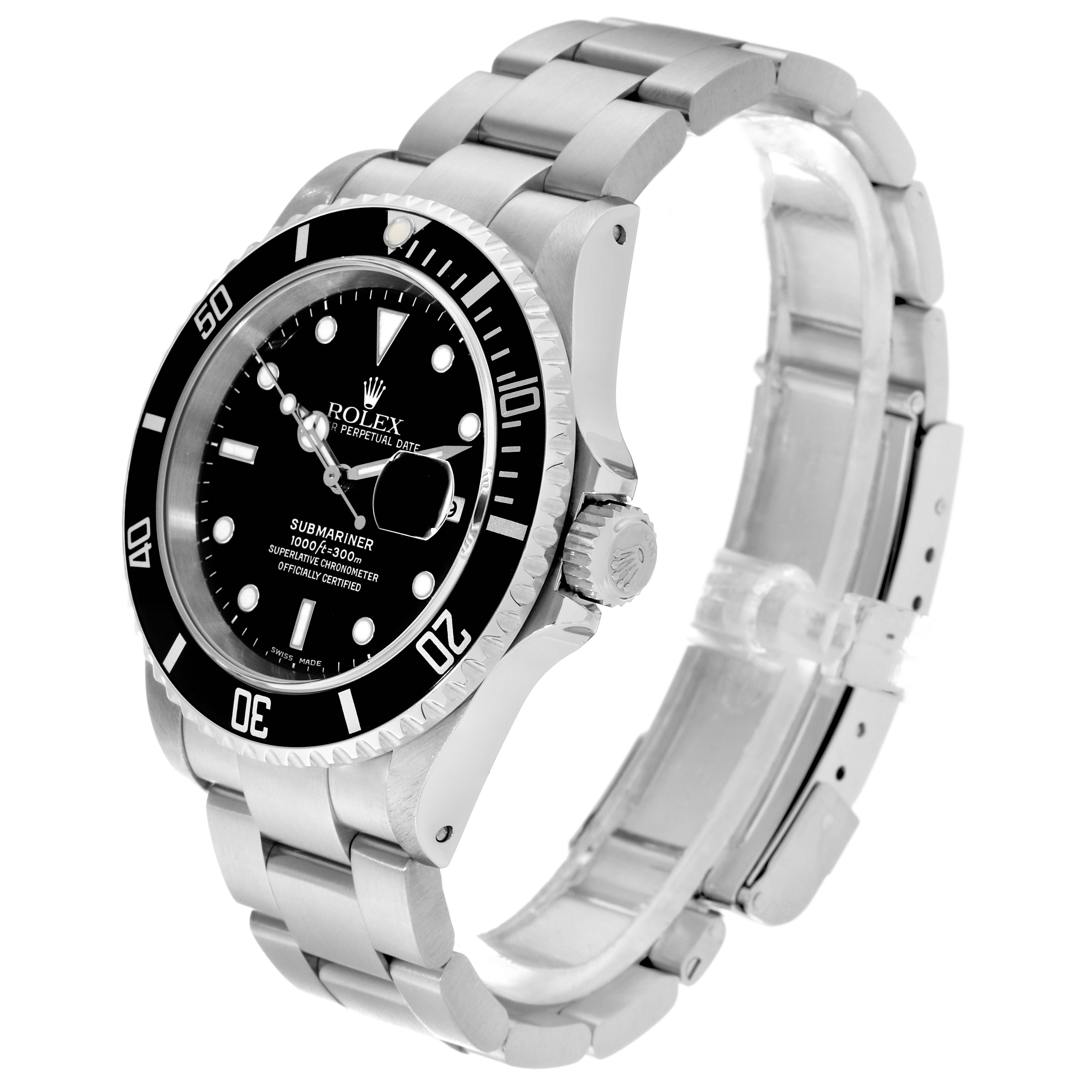 The image shows a Rolex Submariner 16610 Men
s Stainless Steel Black Dial 16610 Men
s Stainless Steel Black Dial watch at a three-quarter angle, displaying its dial, bezel, crown, and bracelet.