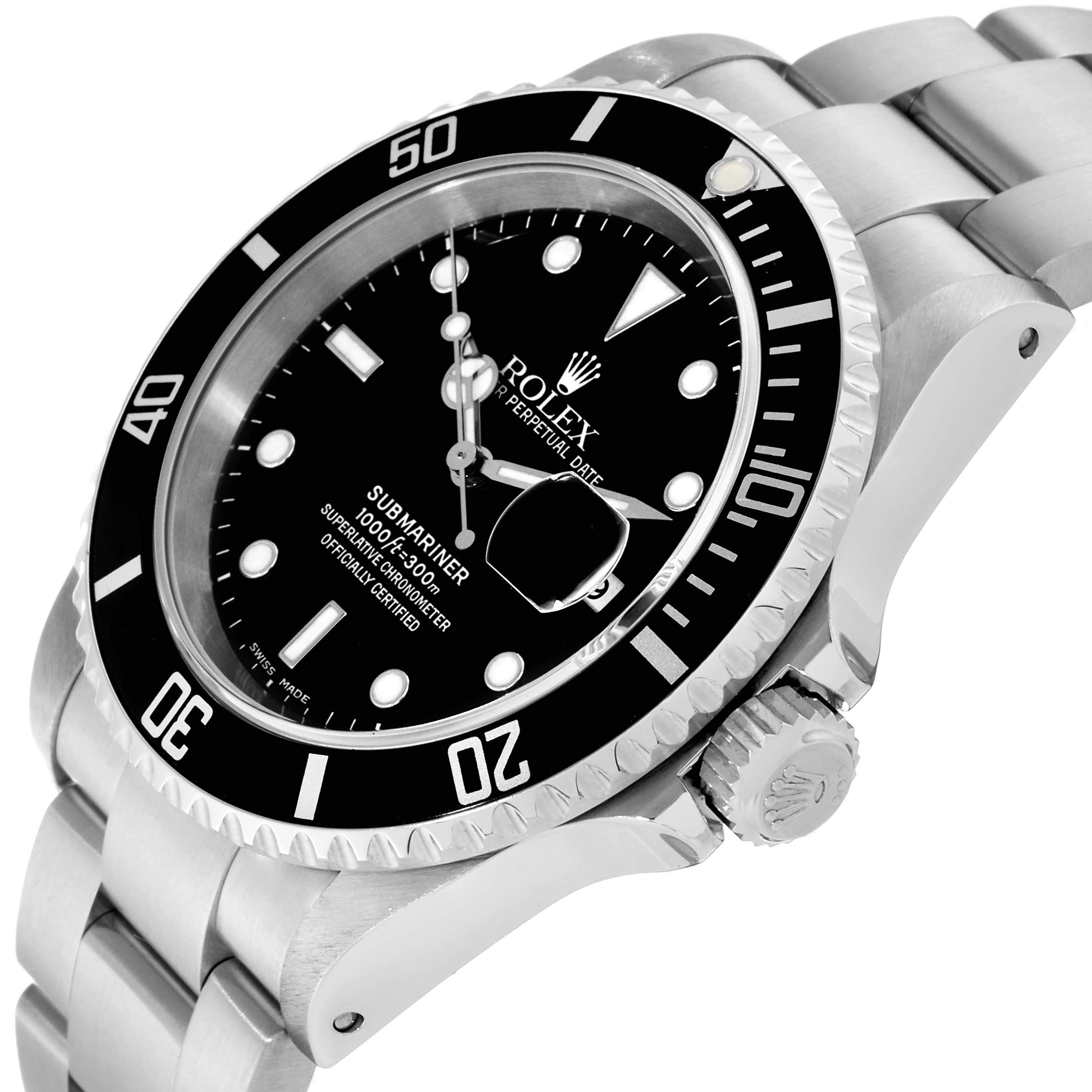 The image shows a Rolex Submariner 16610 Men
s Stainless Steel Black Dial 16610 Men
s Stainless Steel Black Dial watch angled slightly from the side, featuring the dial, bezel, crown, and bracelet.