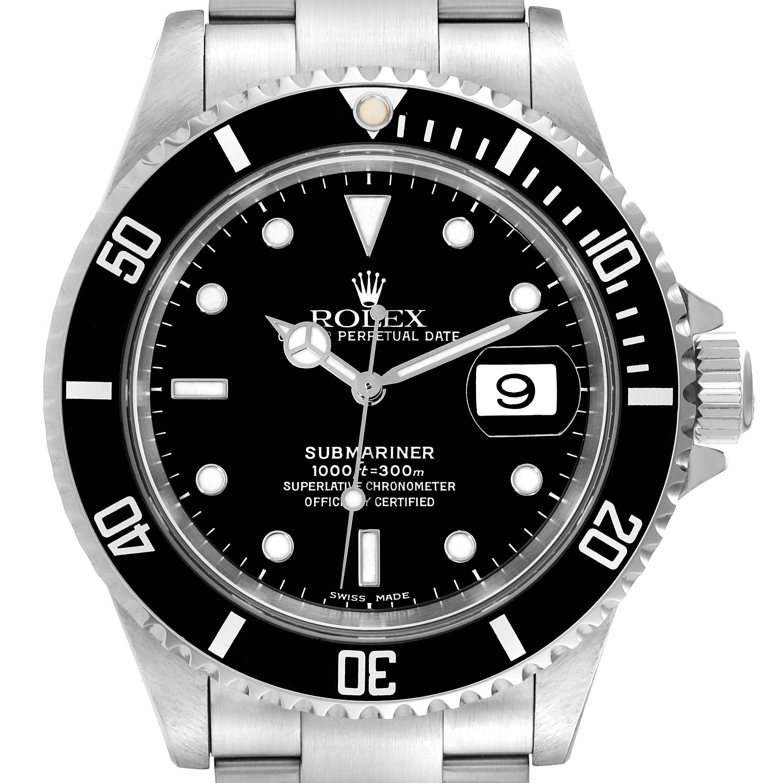 The image shows a front view of the Rolex Submariner 16610 Men
s Stainless Steel Black Dial 16610 Men
s Stainless Steel Black Dial watch, displaying its dial, bezel, crown, and bracelet.