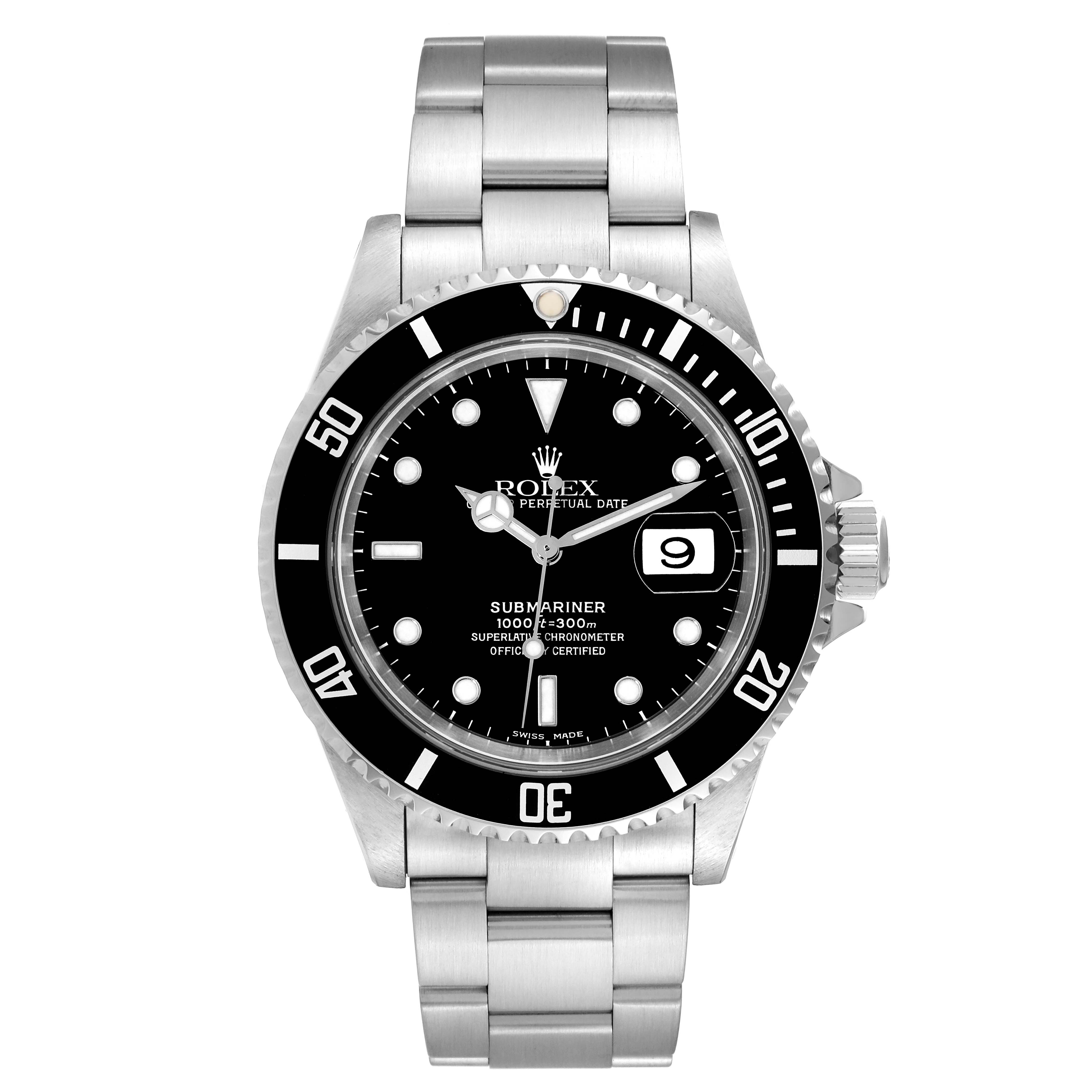 This image shows a front view of a Rolex Submariner 16610 Men
s Stainless Steel Black Dial 16610 Men
s Stainless Steel Black Dial watch, highlighting the dial, bezel, crown, and stainless steel bracelet.