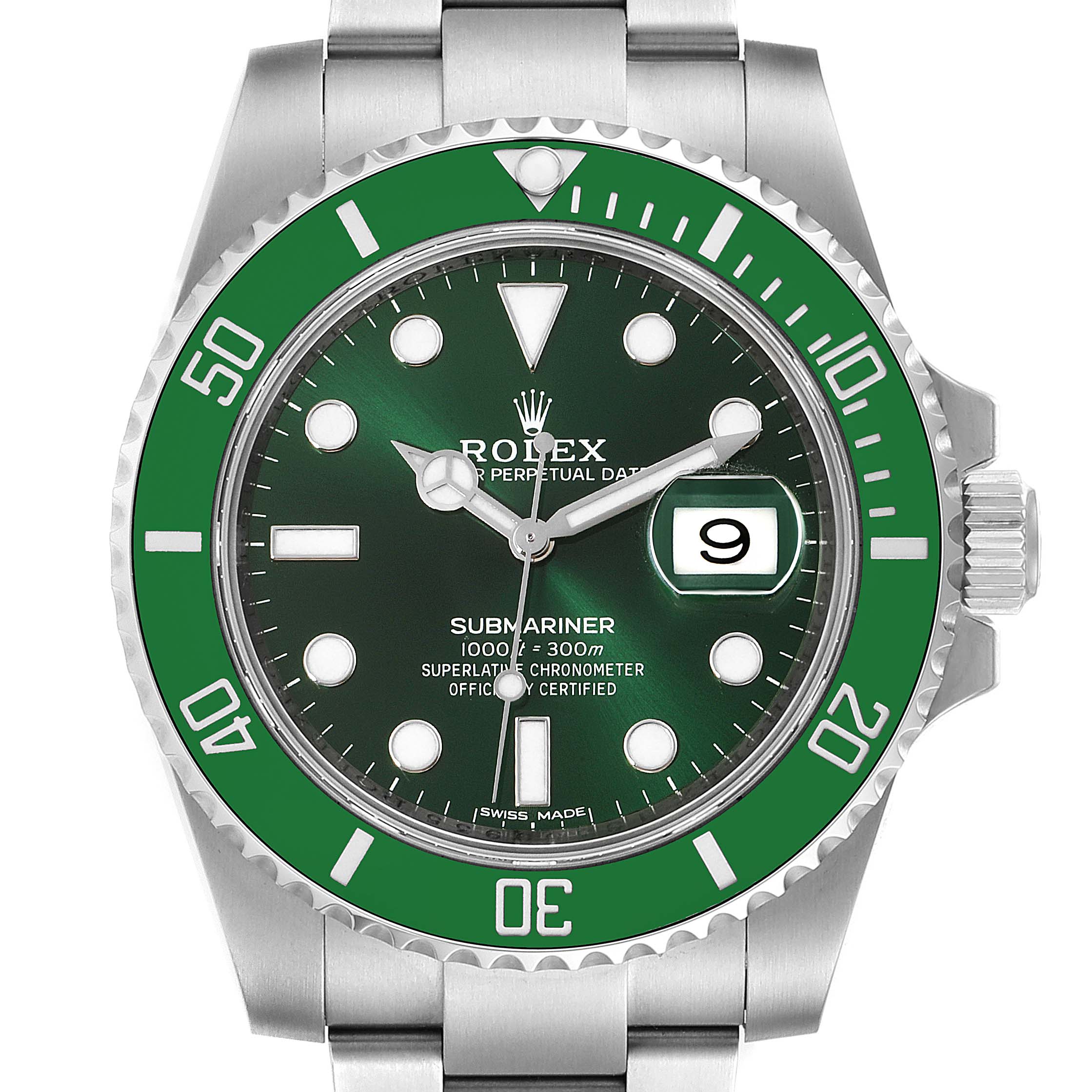 This image shows a frontal view of the Rolex Submariner 116610LV Men
s Stainless Steel Green Dial 116610LV Men
s Stainless Steel Green Dial watch, featuring its green bezel, dial, and stainless steel band.