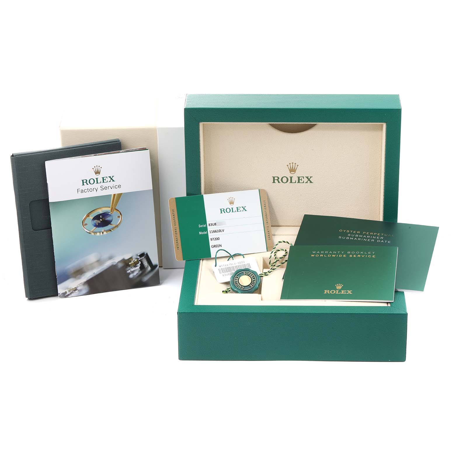 The image shows a Rolex Submariner 116610LV Men
s Stainless Steel Green Dial 116610LV Men
s Stainless Steel Green Dial model watch packaging, including the box, warranty card, tags, and manuals.