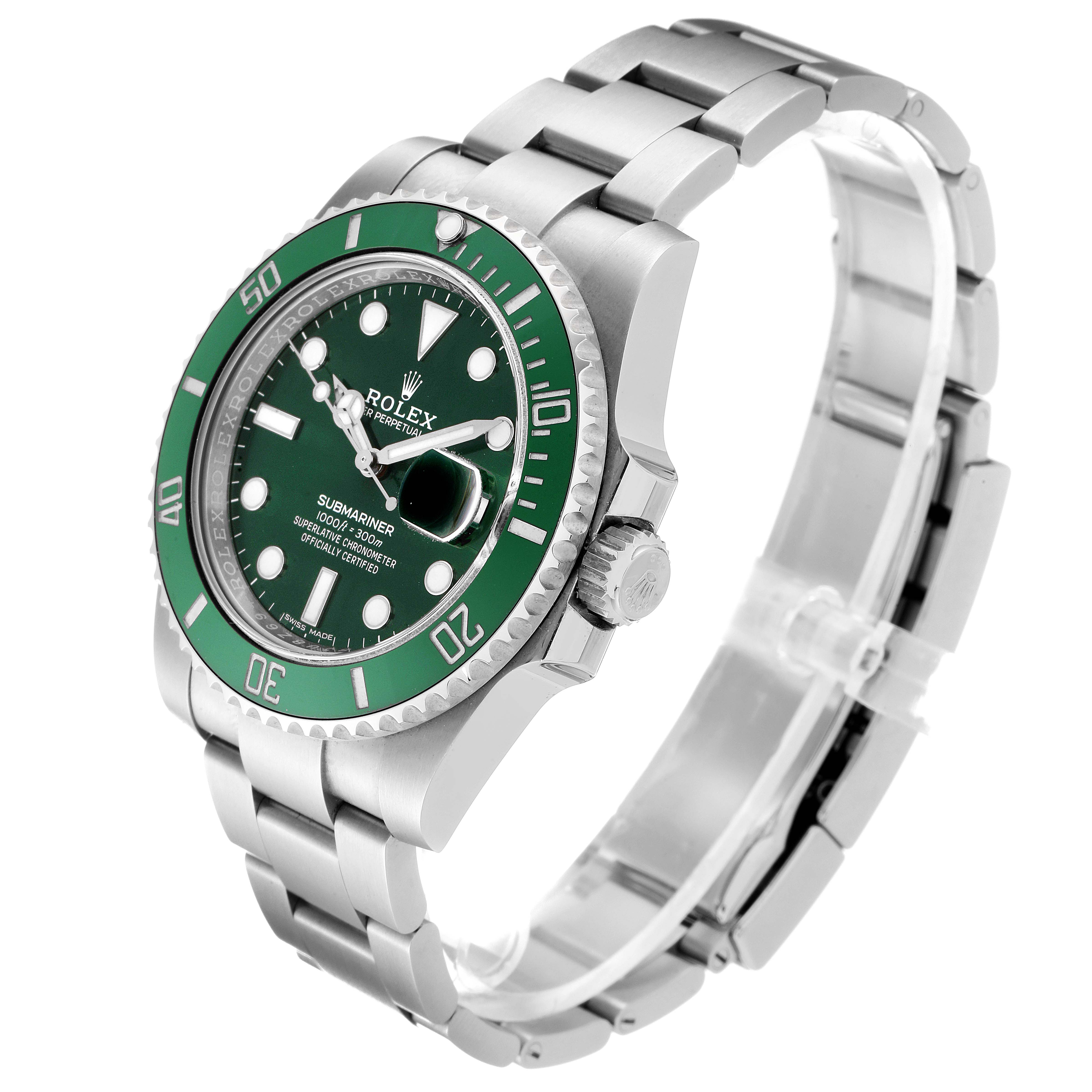 The image showcases the Rolex Submariner 116610LV Men
s Stainless Steel Green Dial 116610LV Men
s Stainless Steel Green Dial watch from a three-quarter front angle, highlighting the dial, bezel, case, and bracelet.