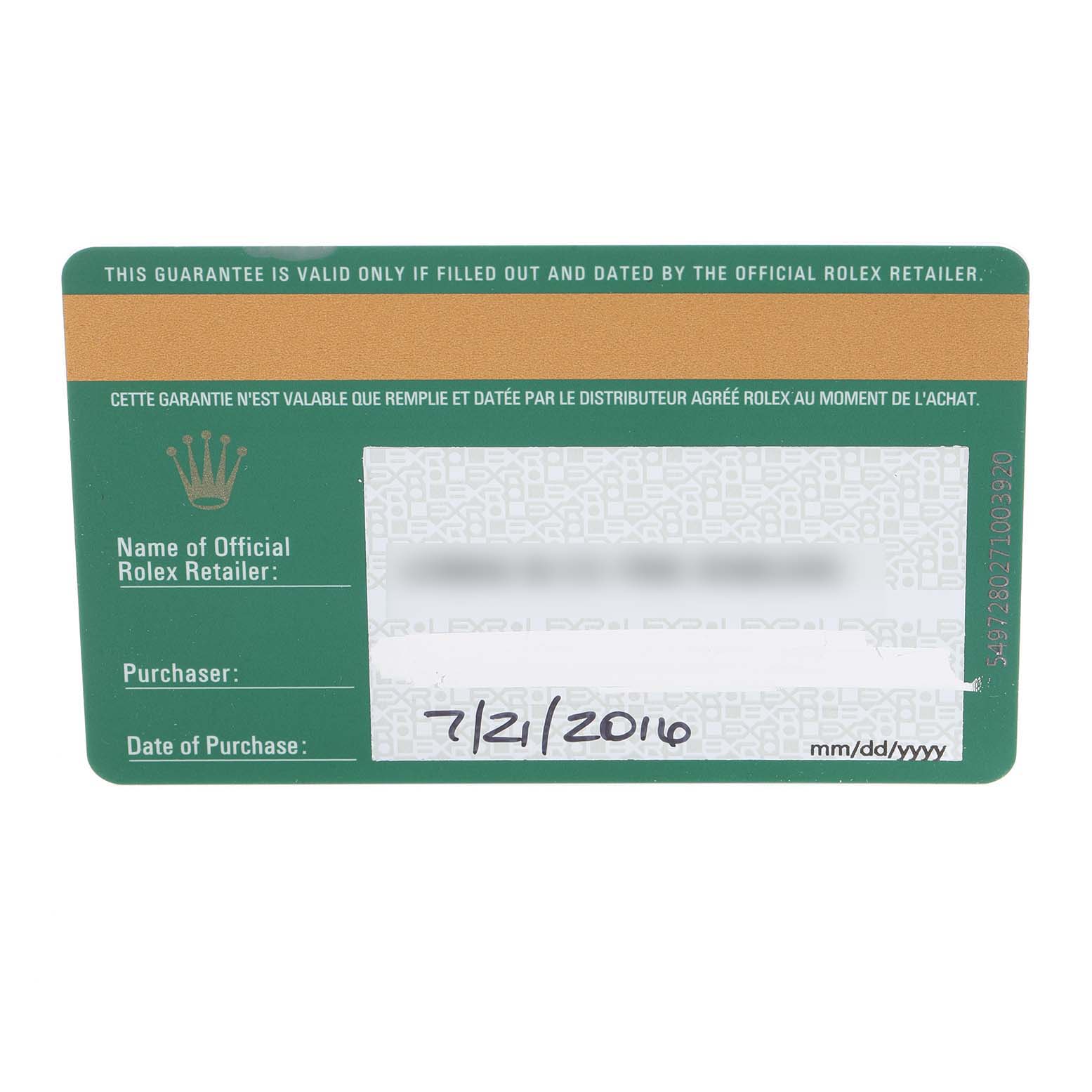 This image shows the official warranty card of a Rolex Submariner 116610LV Men
s Stainless Steel Green Dial 116610LV Men
s Stainless Steel Green Dial, with purchase details filled in.