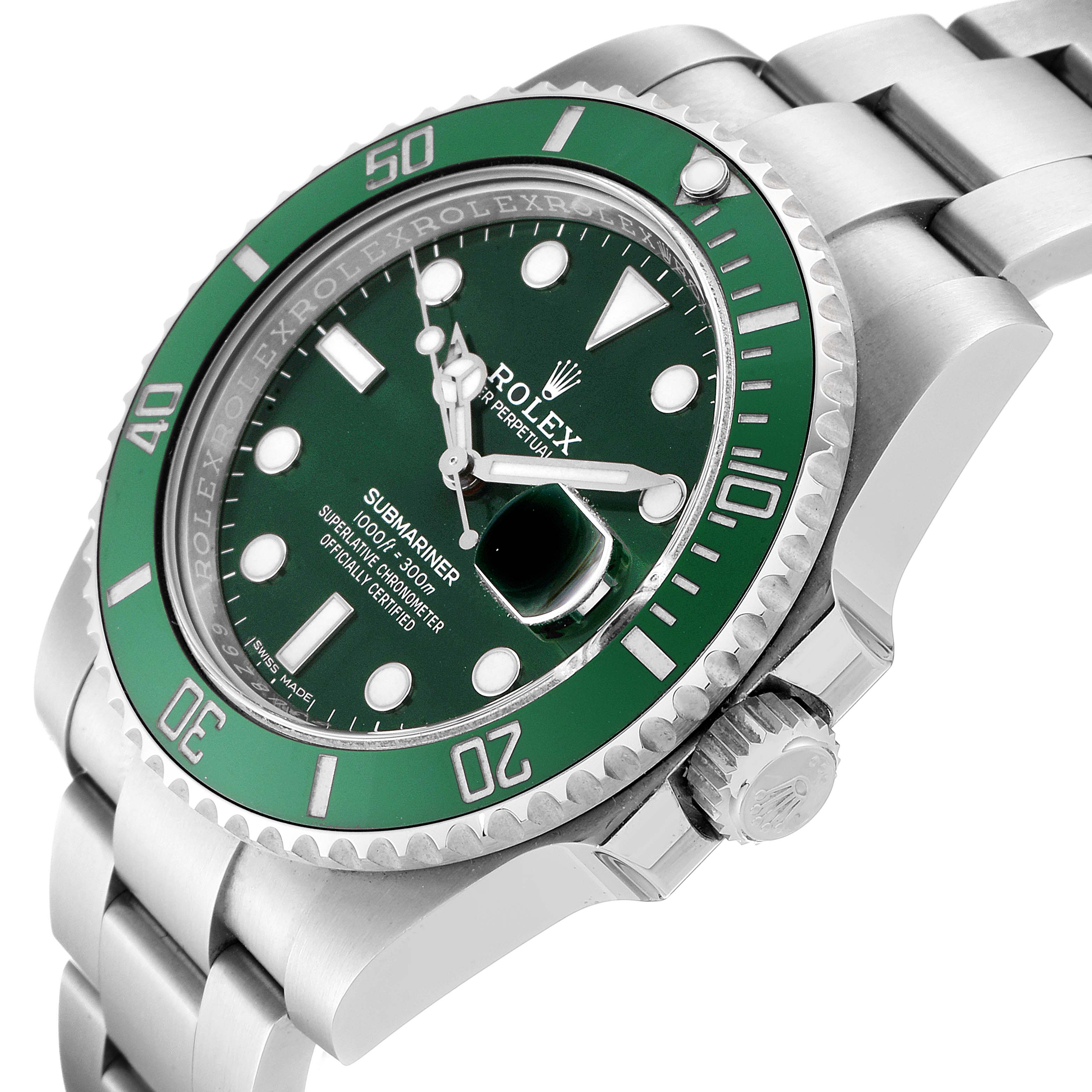 The image displays a Rolex Submariner 116610LV Men
s Stainless Steel Green Dial 116610LV Men
s Stainless Steel Green Dial watch at an angled close-up, showing the crown, bezel, and part of the bracelet.