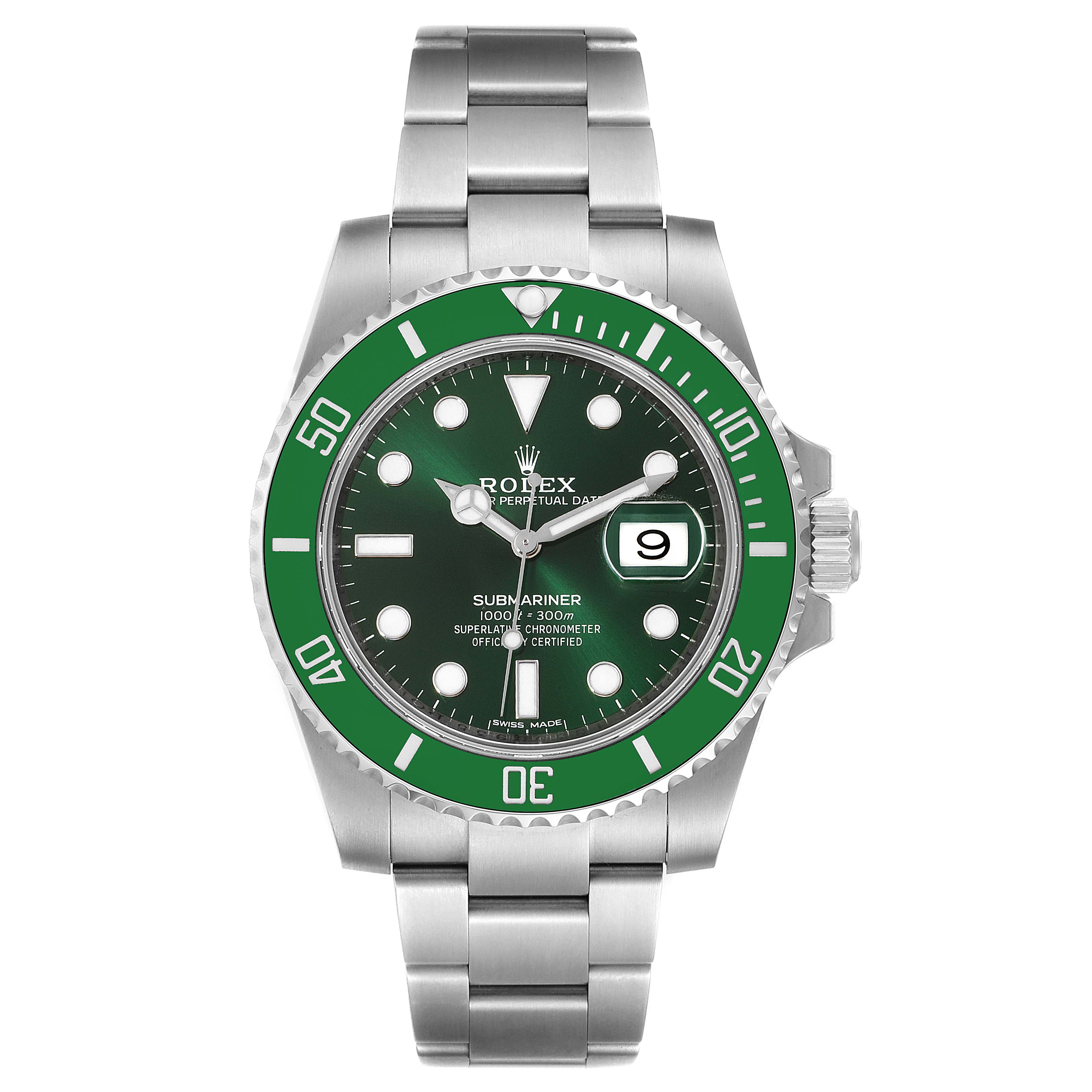 The image shows a front view of a Rolex Submariner 116610LV Men
s Stainless Steel Green Dial 116610LV Men
s Stainless Steel Green Dial watch, highlighting the green bezel, dial, and stainless steel bracelet.