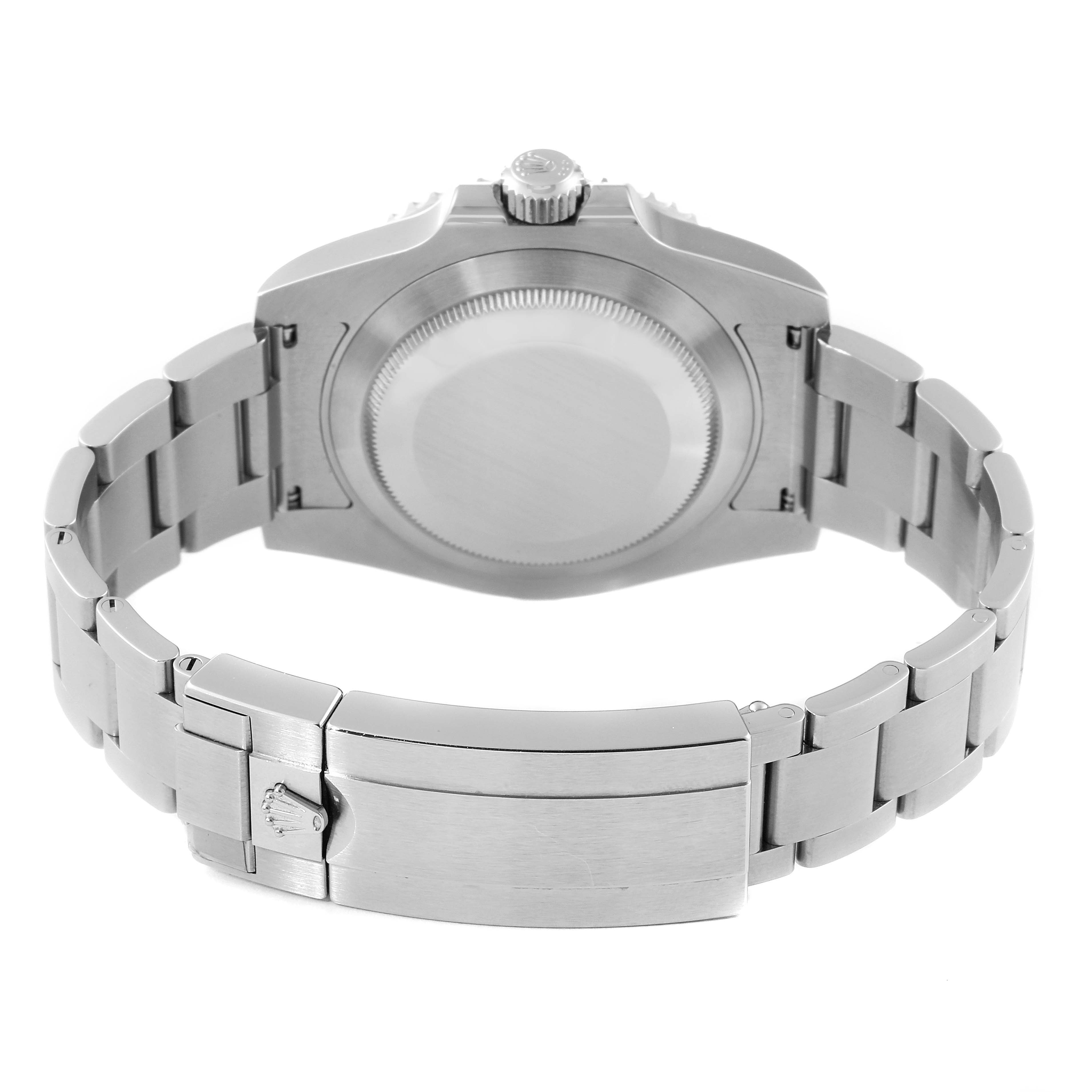 The image shows the backside and bracelet of a Rolex Submariner 116610LV Men
s Stainless Steel Green Dial 116610LV Men
s Stainless Steel Green Dial watch in a closed position.