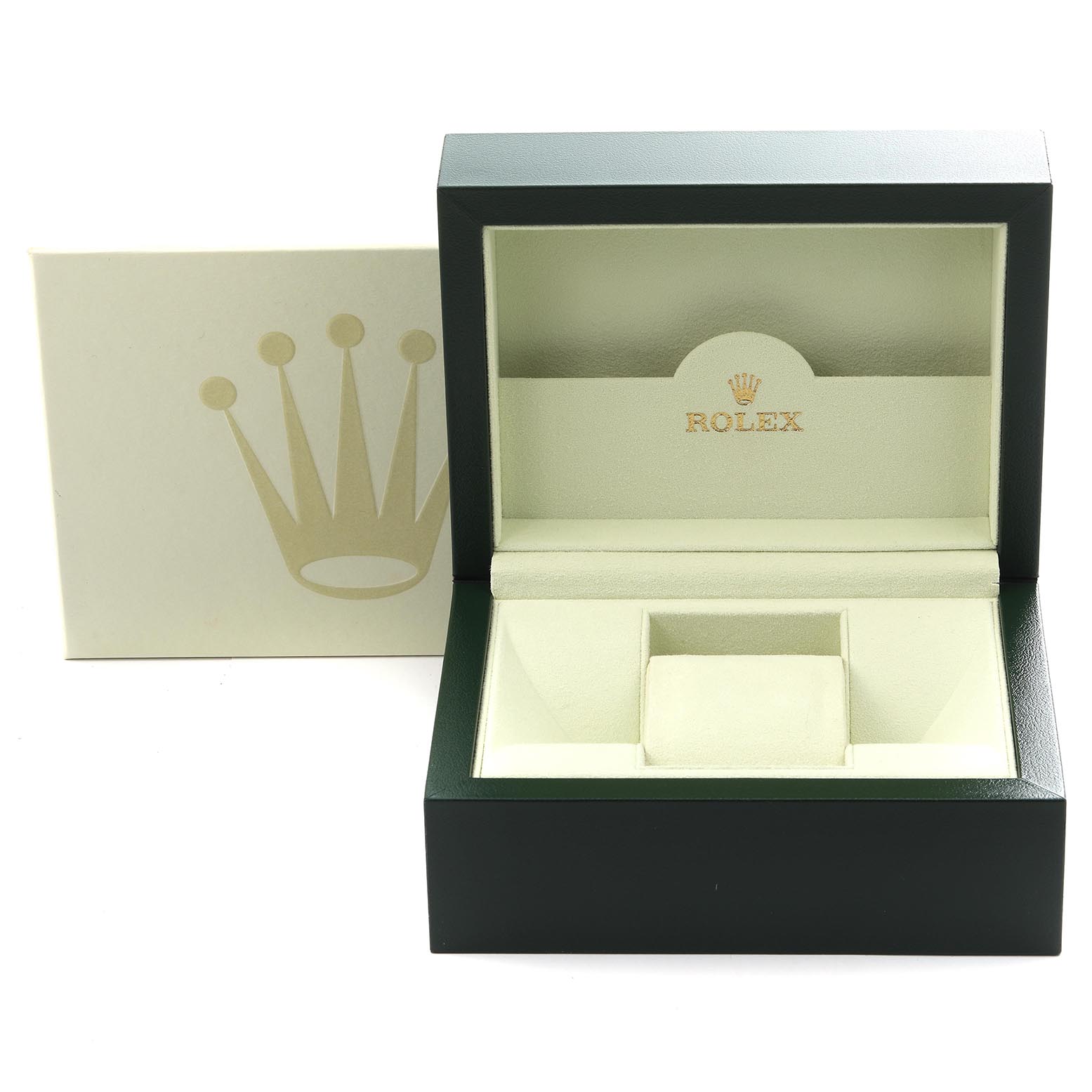 The image shows an open Rolex watch box for a Submariner model, featuring the inner cushion and branding.