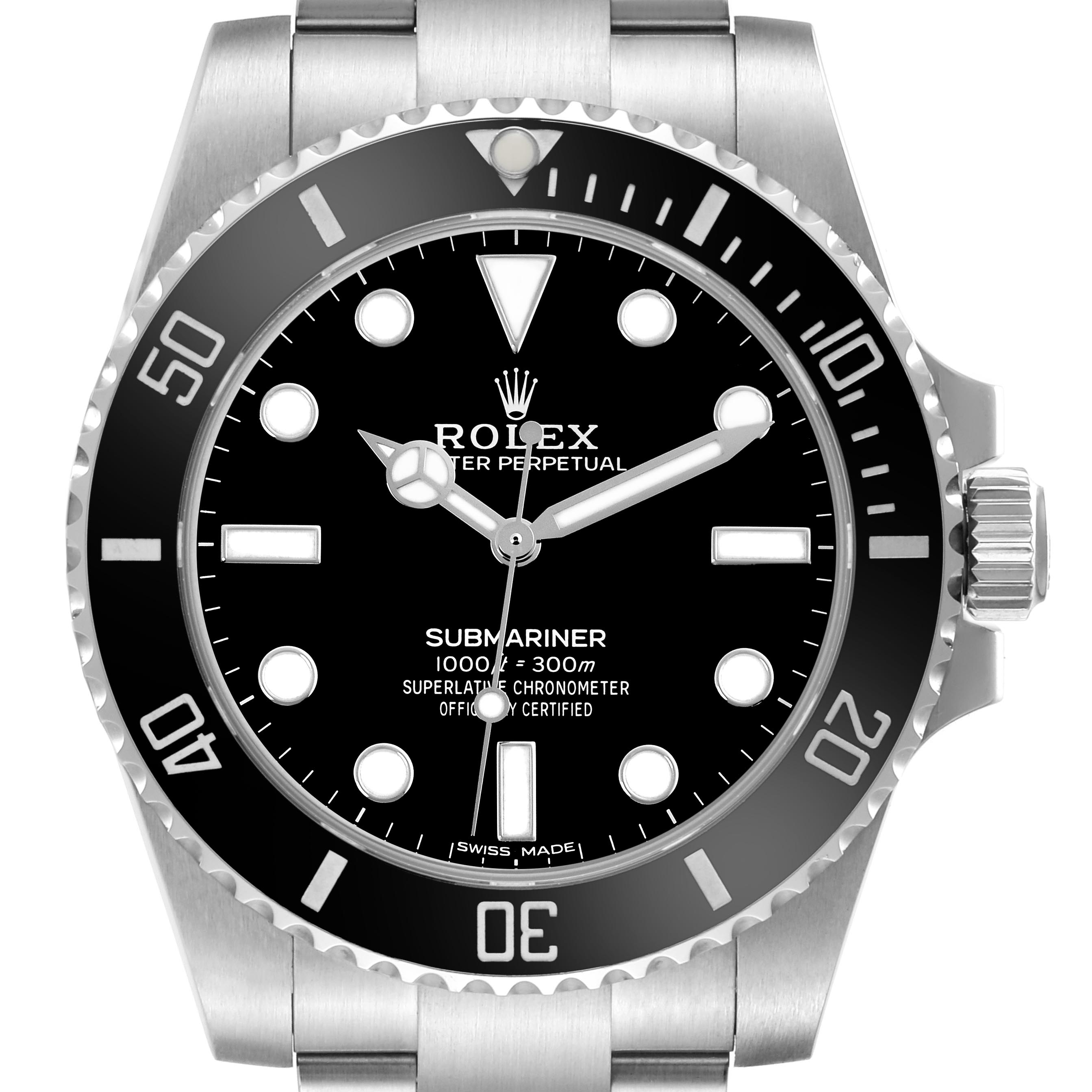 The Rolex Submariner 114060 Men's Stainless Steel Black Dial 114060 Men's Stainless Steel Black Dial watch is shown from the front, highlighting its bezel, dial, hands, and bracelet.