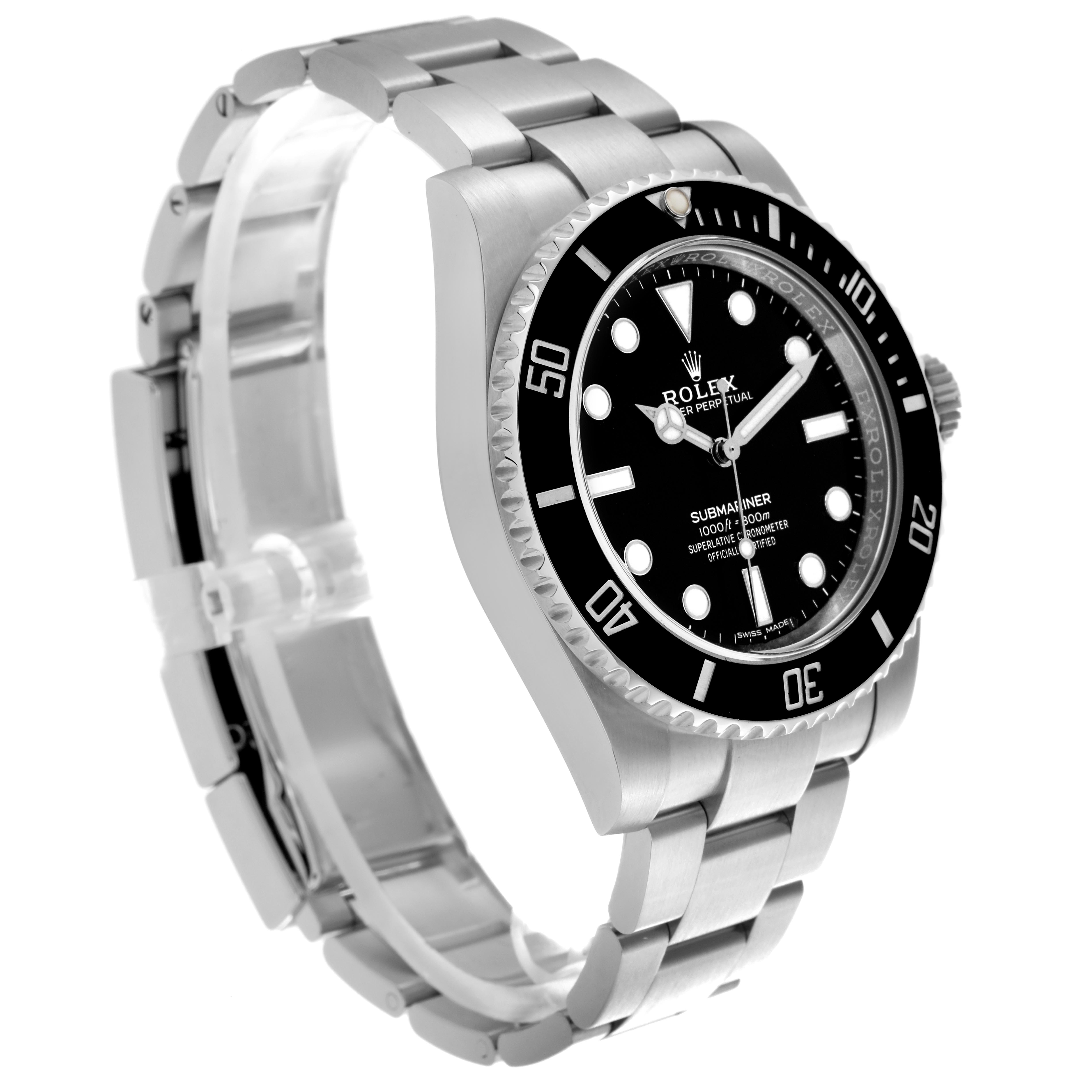 The Rolex Submariner 114060 Men's Stainless Steel Black Dial 114060 Men's Stainless Steel Black Dial watch is shown at a three-quarter angle, highlighting the dial, bezel, and bracelet.