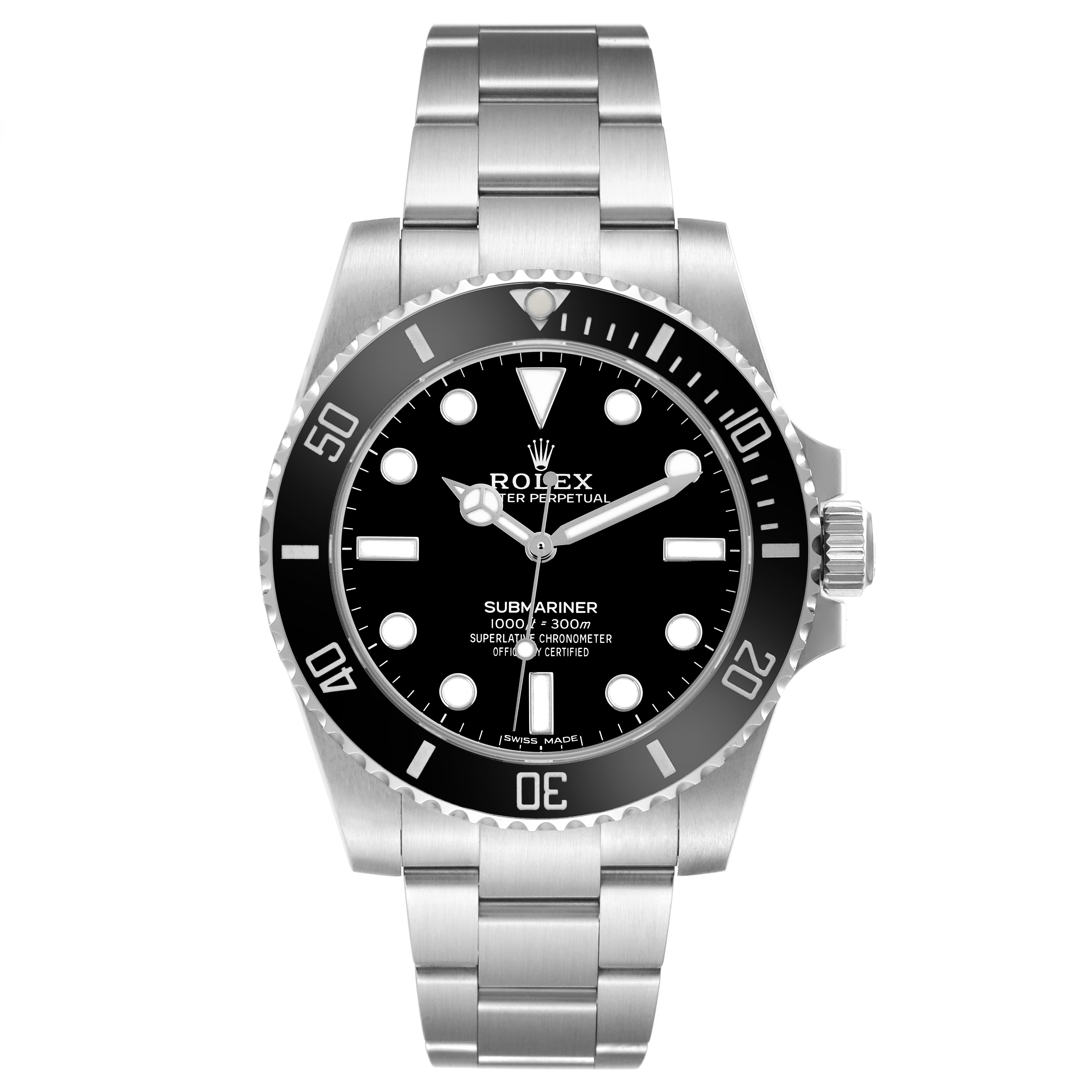 The Rolex Submariner 114060 Men's Stainless Steel Black Dial 114060 Men's Stainless Steel Black Dial watch is shown from a front angle, displaying its bezel, dial, hands, markers, and bracelet.