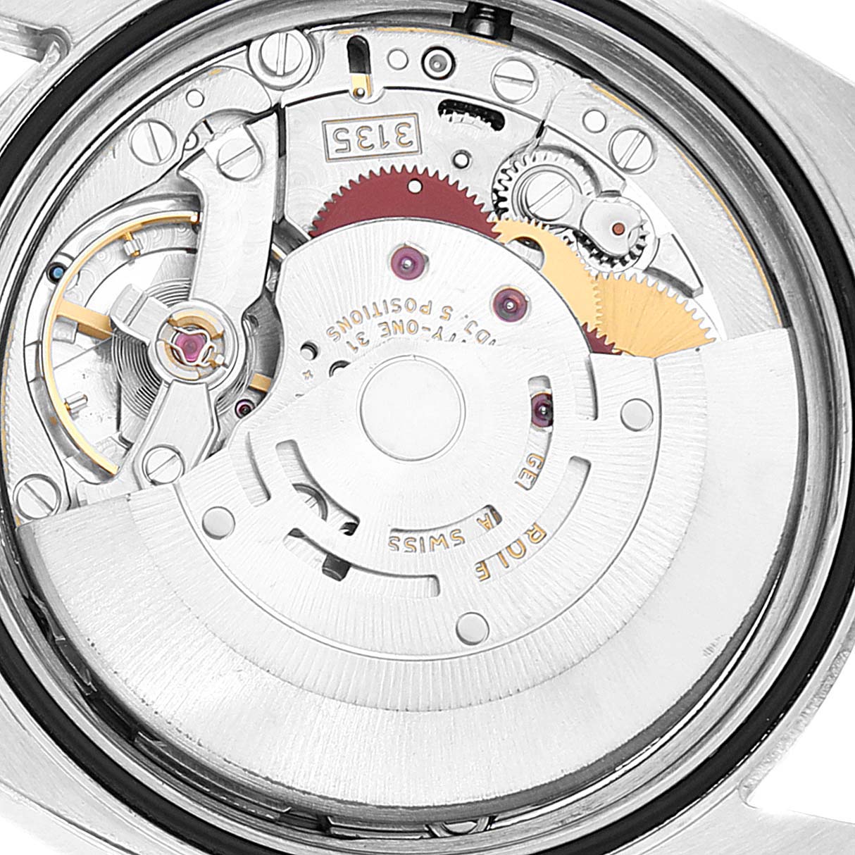 The image shows the back of the Rolex Turn-o-Graph 116261 Men
s Steel and Gold (two tone) Black Dial 116261 Men
s Steel and Gold (two tone) Black Dial watch, highlighting its internal mechanical movement components.