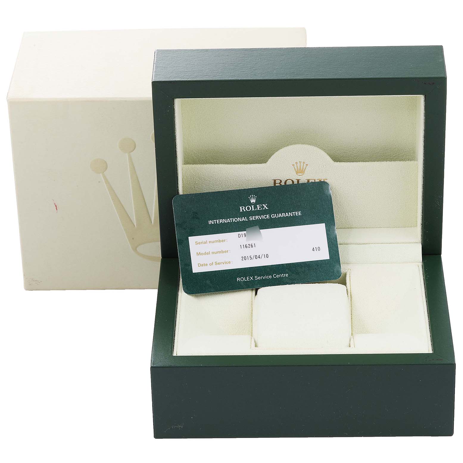 The image shows a Rolex Turn-o-Graph 116261 Men
s Steel and Gold (two tone) Black Dial 116261 Men
s Steel and Gold (two tone) Black Dial watch box and an international service guarantee card placed inside it, angled slightly upward.