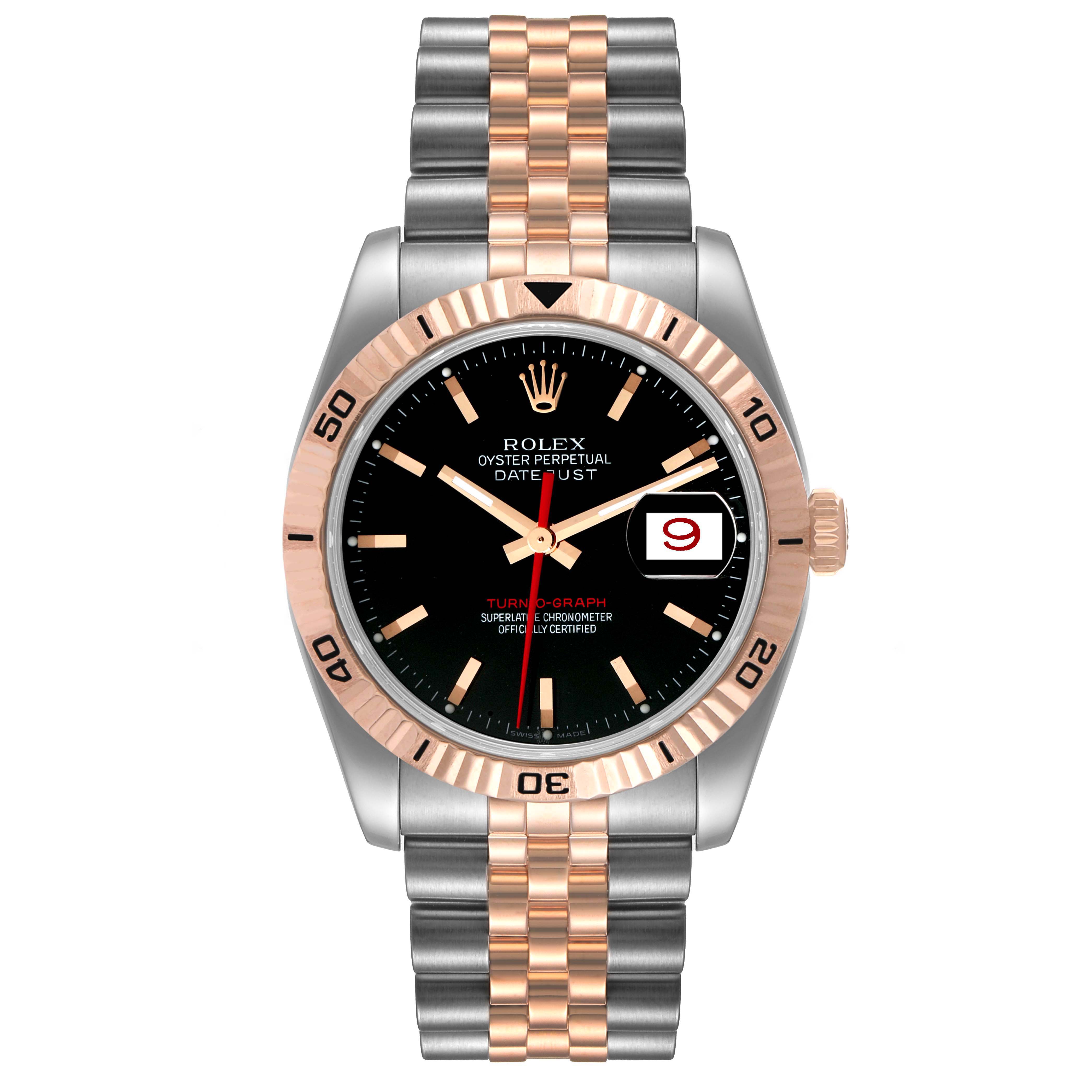 This image shows a front view of the Rolex Turn-o-Graph 116261 Men
s Steel and Gold (two tone) Black Dial 116261 Men
s Steel and Gold (two tone) Black Dial watch, highlighting its two-tone bracelet, black dial, and fluted bezel.