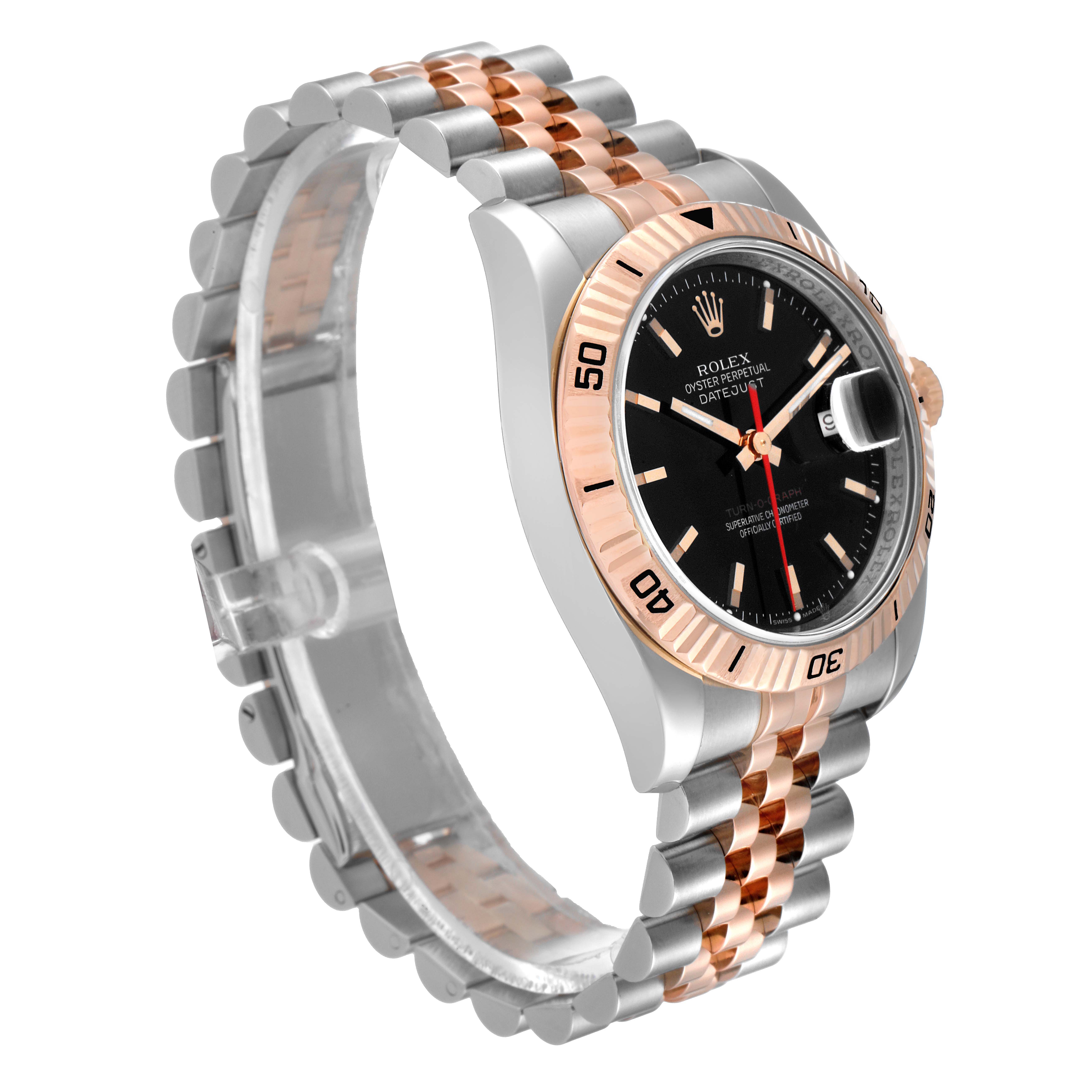 The image shows the Rolex Turn-o-Graph 116261 Men
s Steel and Gold (two tone) Black Dial 116261 Men
s Steel and Gold (two tone) Black Dial watch at a three-quarter angle, highlighting the dial, bezel, and two-tone Jubilee bracelet.