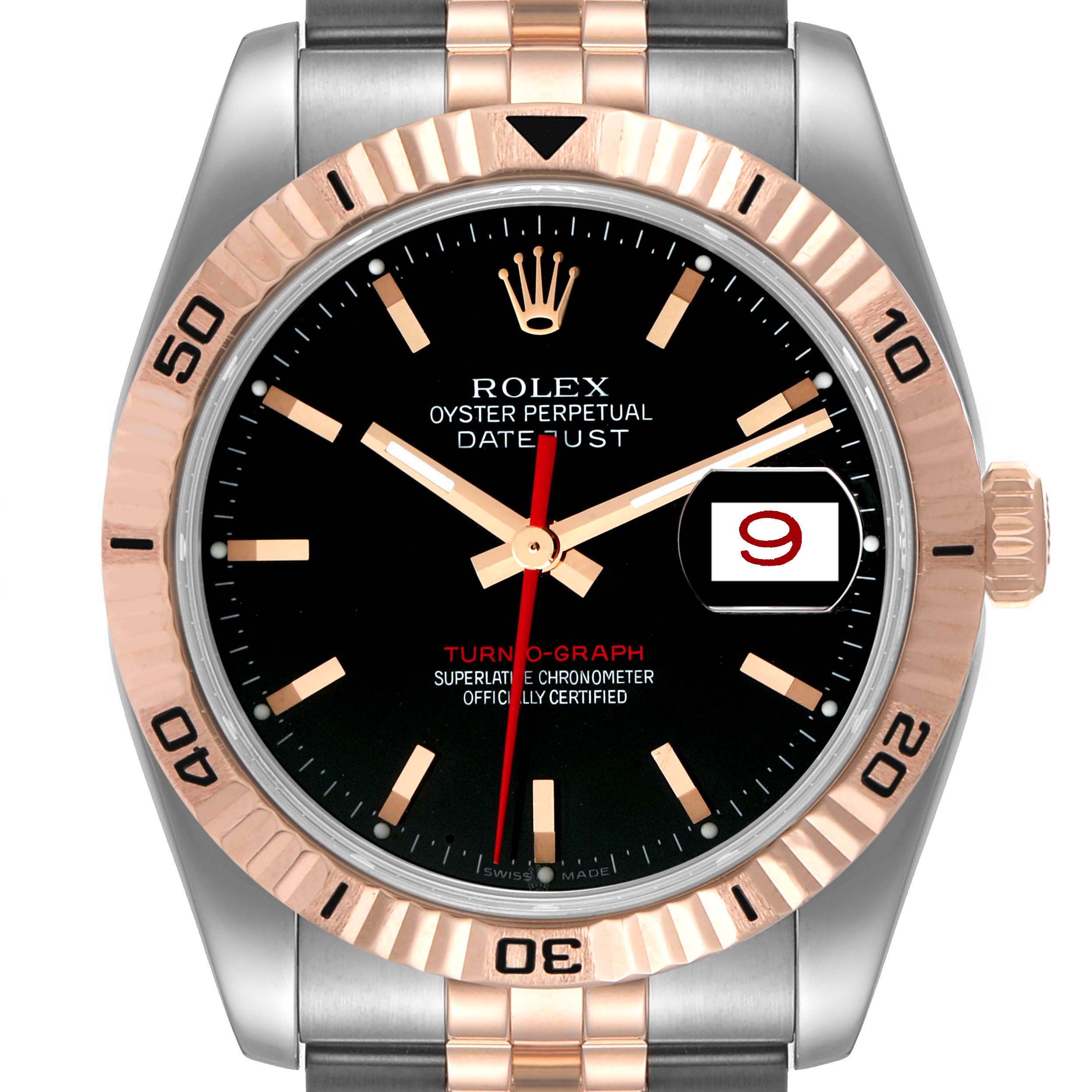 The image shows a front view of the Rolex Turn-o-Graph 116261 Men
s Steel and Gold (two tone) Black Dial 116261 Men
s Steel and Gold (two tone) Black Dial watch with its bezel, dial, hands, crown, and part of the bracelet visible.